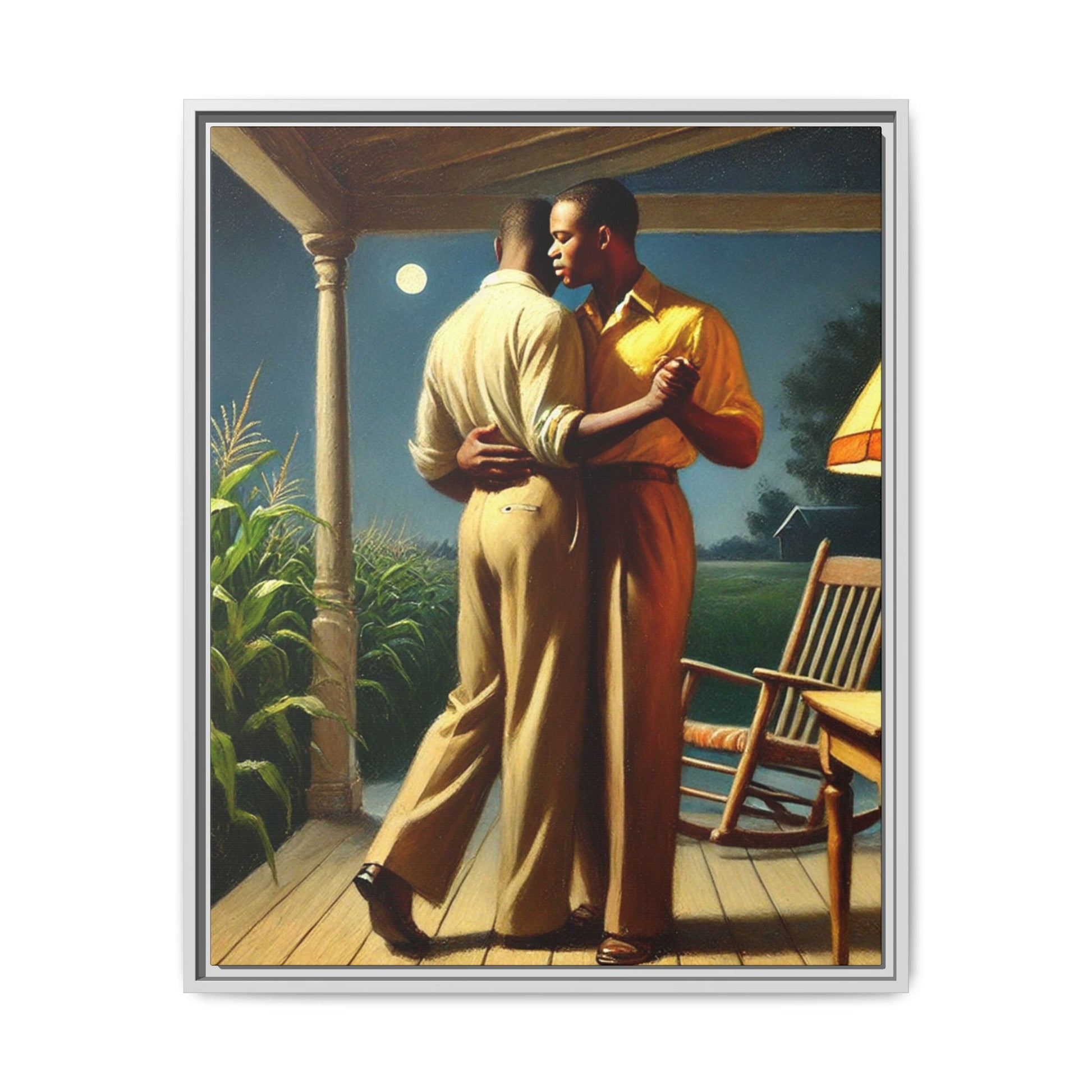 Artwork of an African-American gay couple dancing on a porch under the moonlight, inspired by Grant Wood’s style.