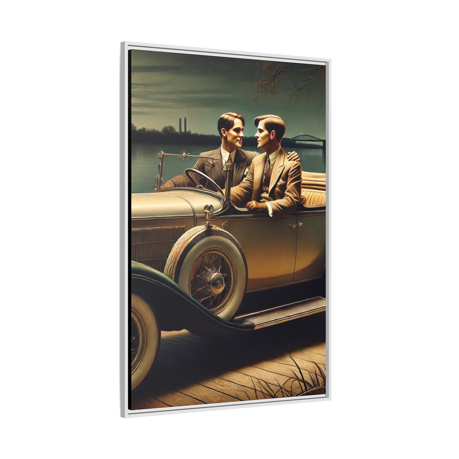 Vintage-style artwork of a gay couple in a 1930 Packard car by the Mississippi River under moonlight, celebrating love and history.