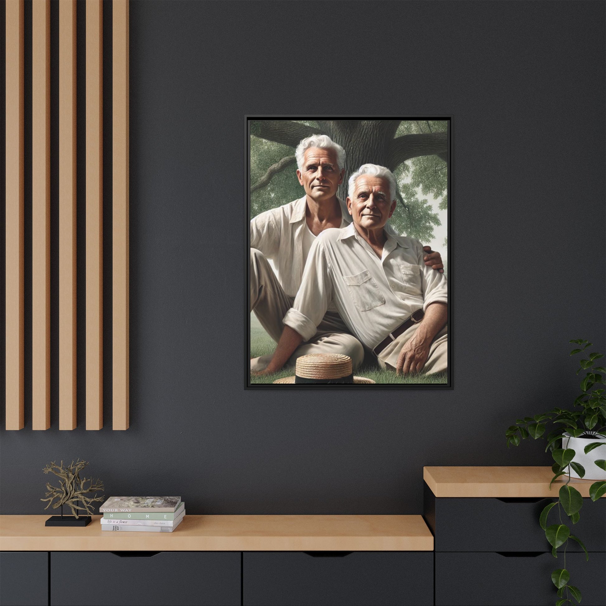 Hyper-realistic painting of an elderly gay couple in 1930s vintage attire under a leafy tree, celebrating love and resilience.