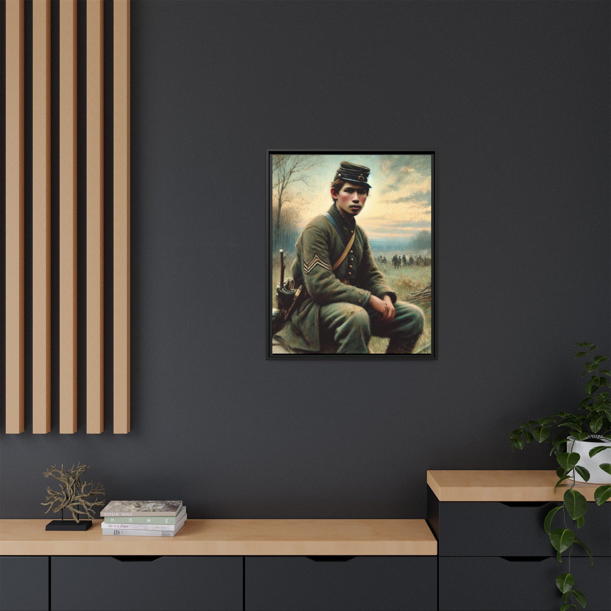 Framed artwork of a Civil War Union soldier inspired by Walt Whitman’s Leaves of Grass and Drum-Taps, depicting themes of sacrifice, strength, and vulnerability amidst a 19th-century battlefield.