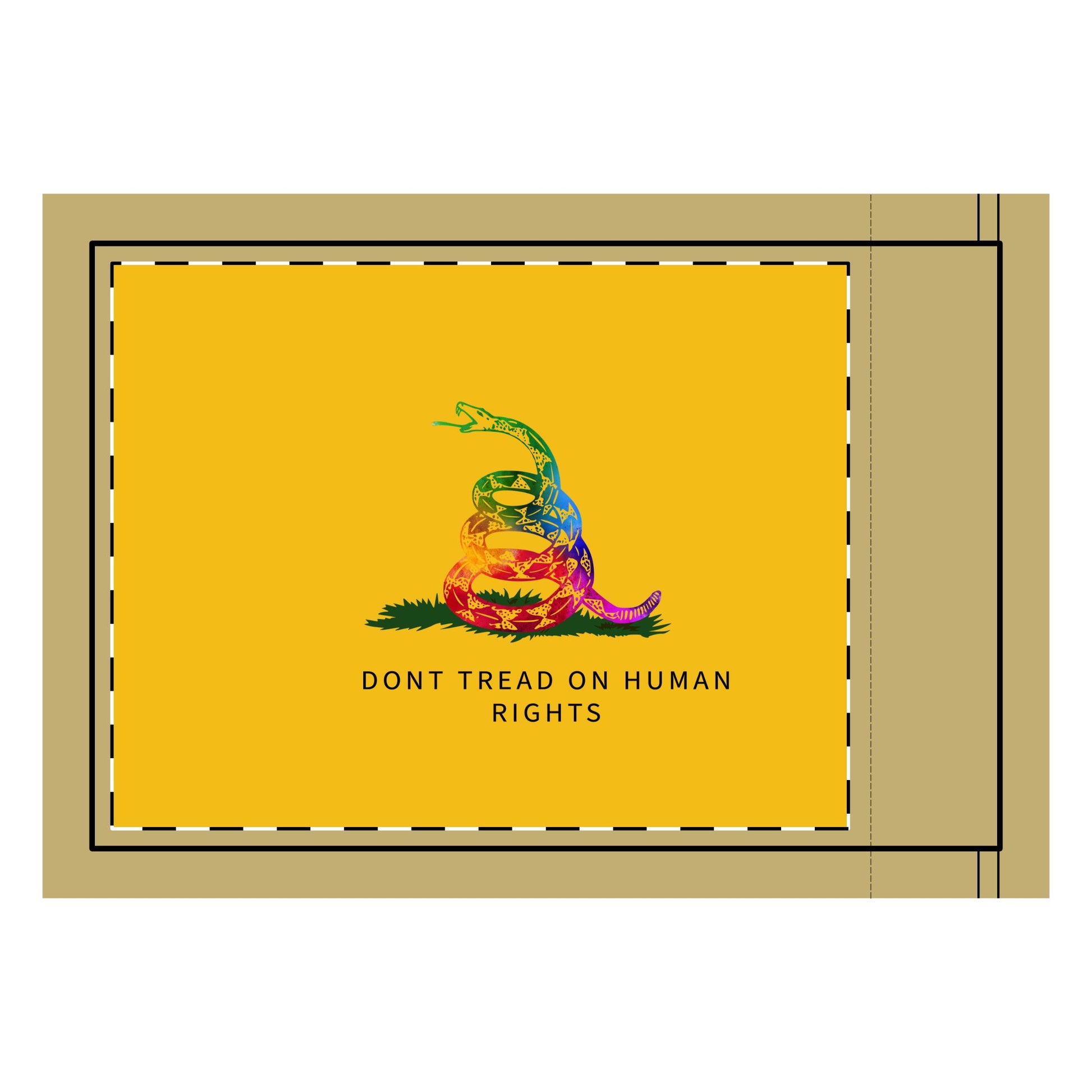 A vibrant reinterpretation of the Gadsden Flag featuring a coiled rainbow rattlesnake on a golden yellow background with the text "Don’t Tread on Human Rights," symbolizing inclusivity, equality, and justice. Don’t Tread on me. Gay Pride Flag