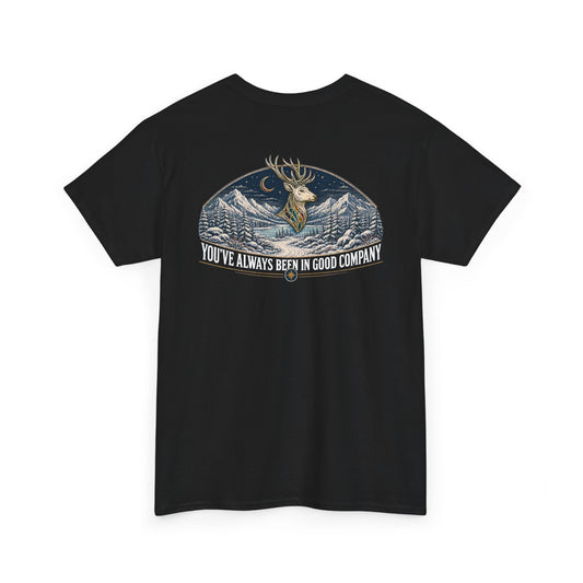 Back of queer outdoor T-shirt with stag, snowy mountains, moonlit forest, winter path, and compass