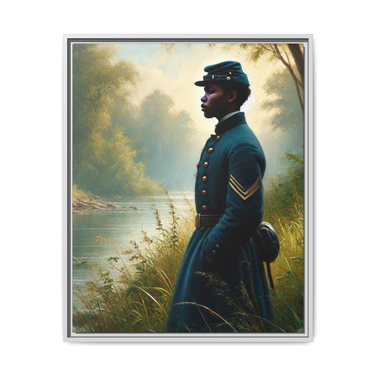 Portrait of an African American Union soldier standing solemnly by a riverside, inspired by Walt Whitman’s Leaves of Grass and Drum-Taps, honoring sacrifice, resilience, and history. Grant Wood Inspired