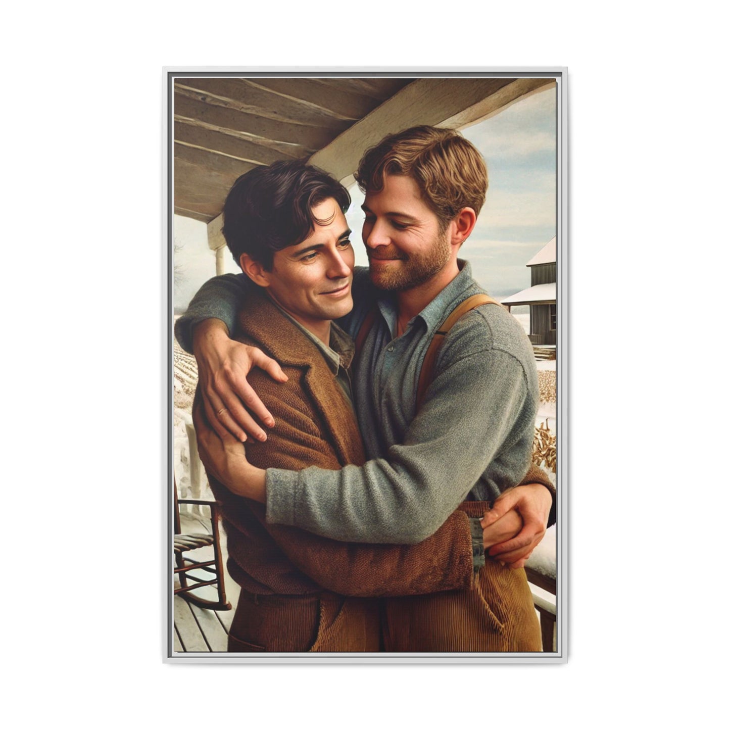 Artwork of a tender moment between two men embracing on a rustic farm porch in 1930s-style clothing. Set against a snowy, vintage rural backdrop, this image captures LGBTQ+ love and connection with a nostalgic Americana feel