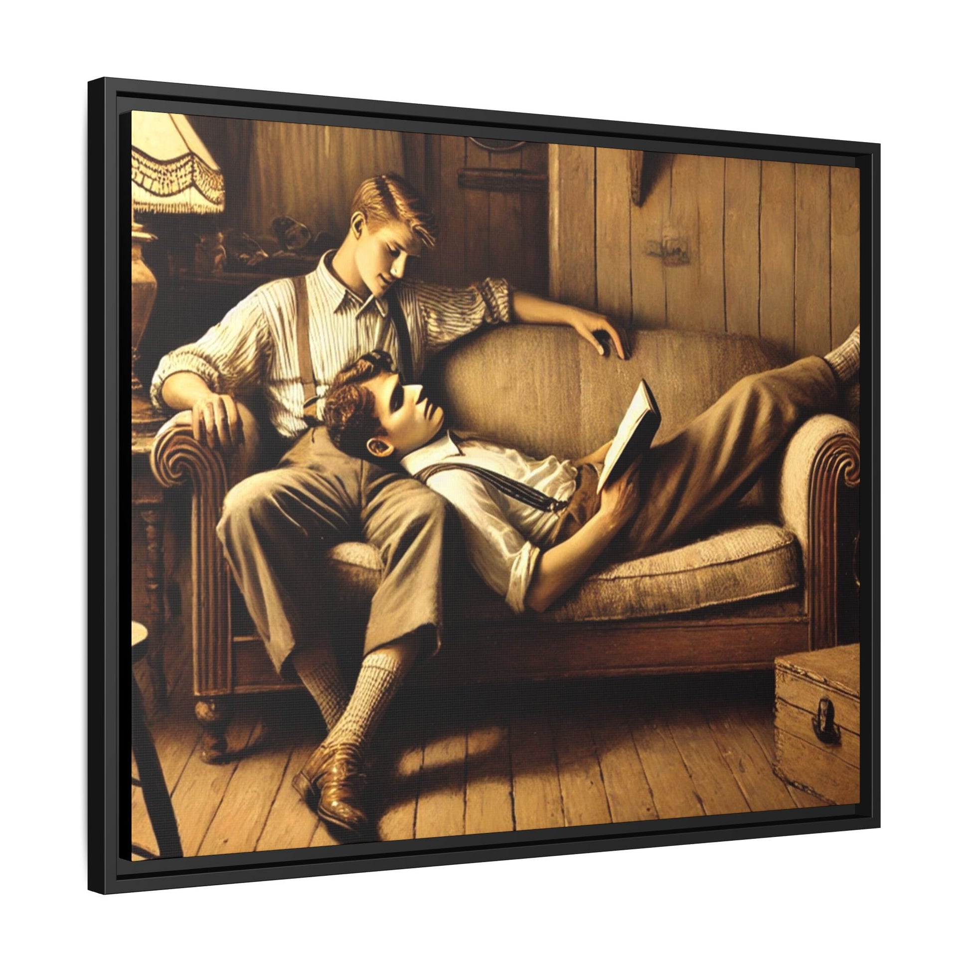 Art of a gay couple sharing an intimate moment on a cozy sofa in a rustic living room, inspired by Grant Wood’s style