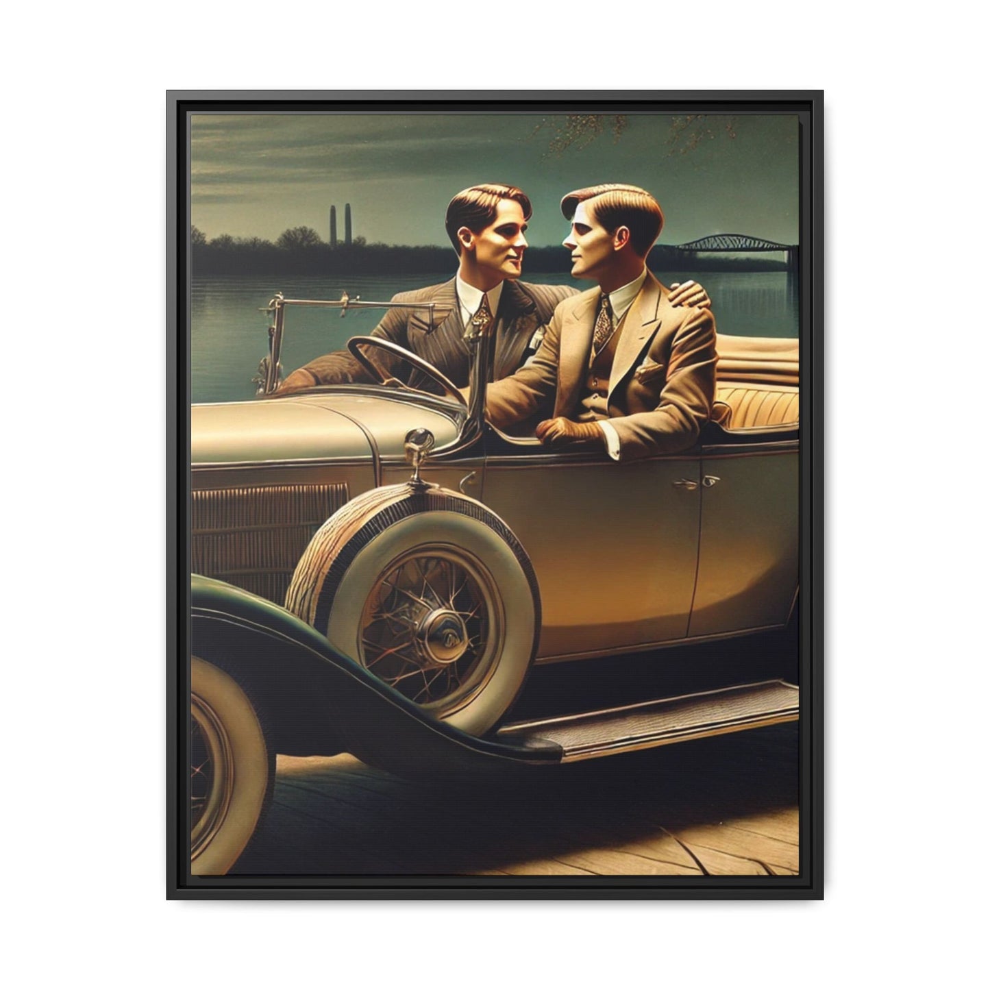 Vintage-style artwork of a gay couple in a 1930 Packard car by the Mississippi River under moonlight, celebrating love and history.