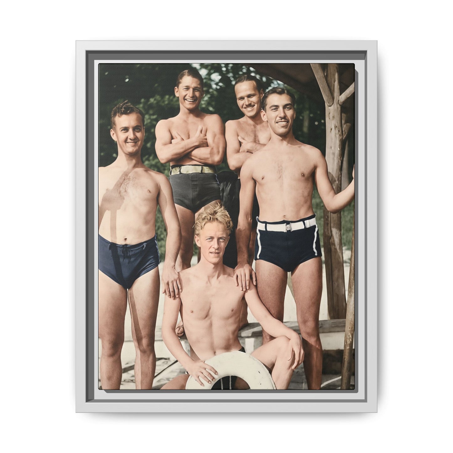 Historical waterfront snapshot reproduced as archival canvas wall art with rustic dock structure 