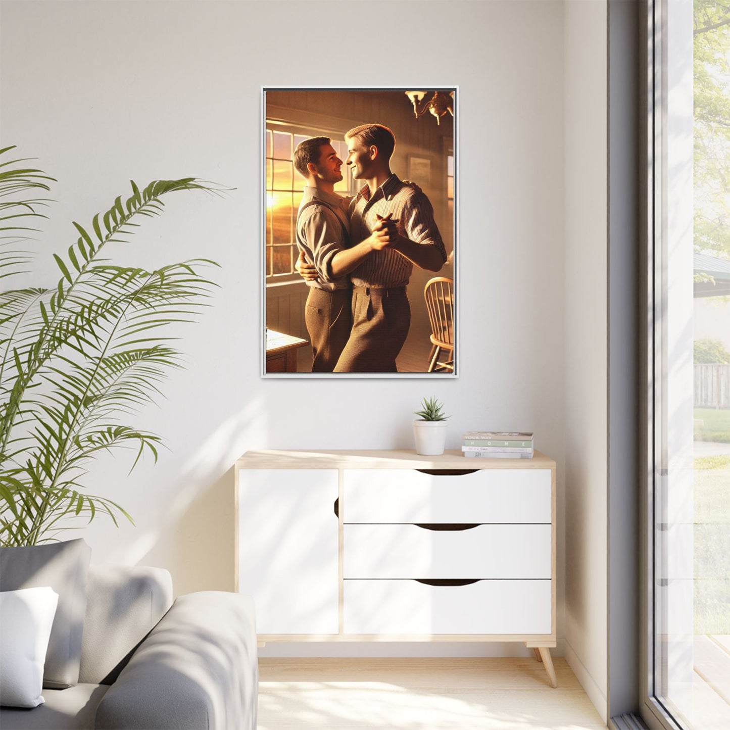 Art of a gay couple dancing in a sunlit dining room, inspired by Grant Wood’s Americana style and celebrating love.