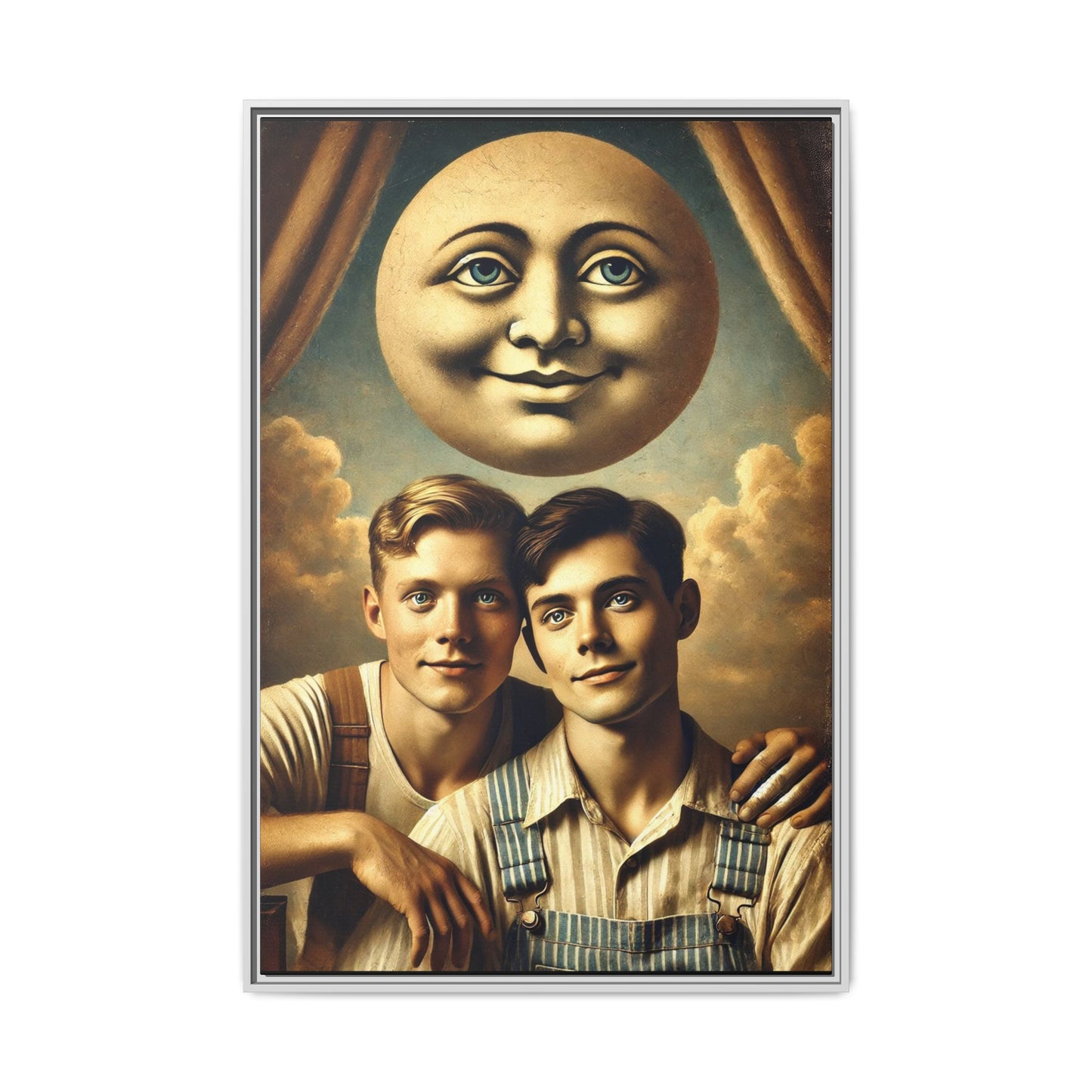 Framed matte canvas portrait featuring two young men in vintage overalls with a crescent moon prop above them. This artwork from the Missing Art Studies series reclaims LGBTQ+ imagery that may have been lost to bias, presenting warmth, intimacy, and presence.