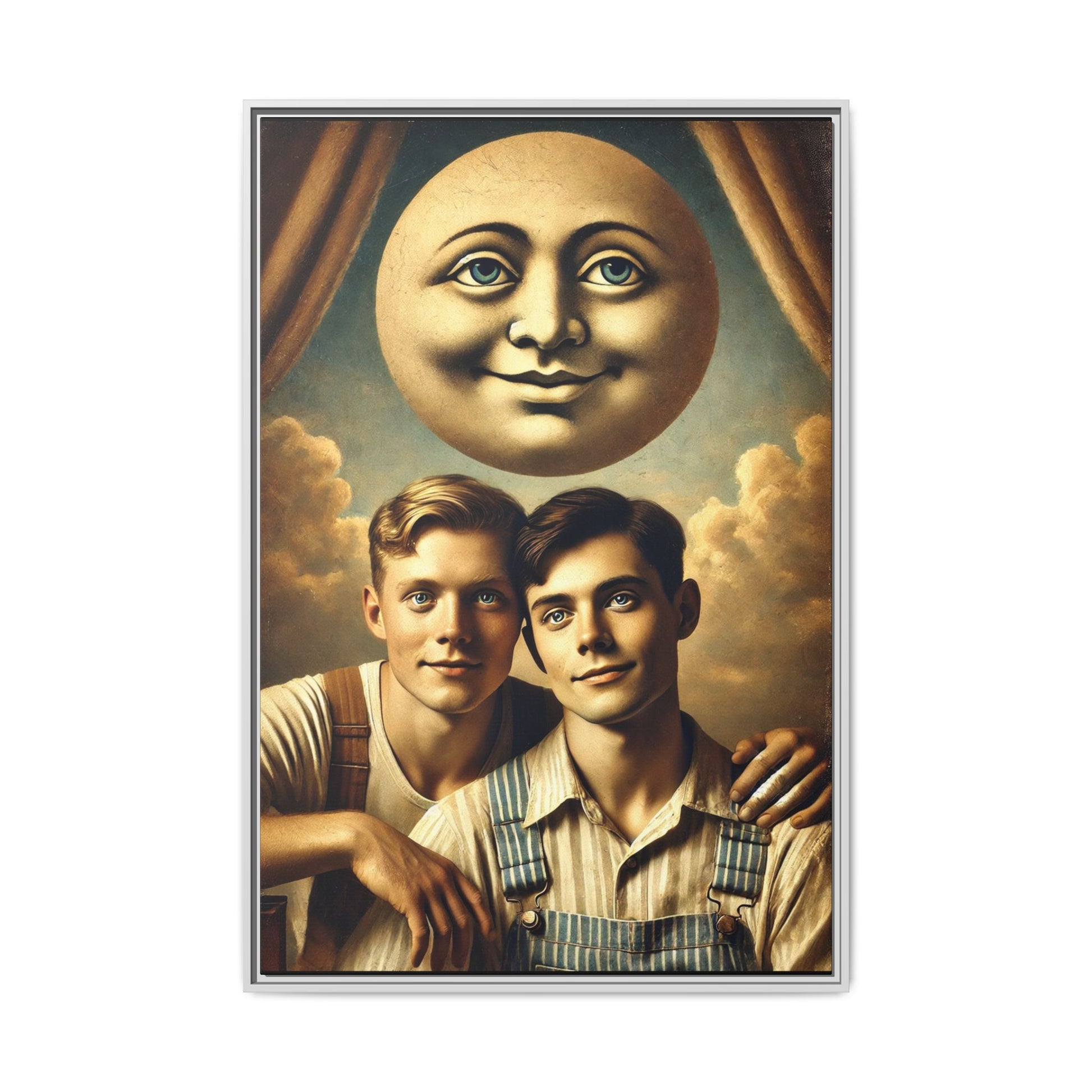 Framed matte canvas portrait featuring two young men in vintage overalls with a crescent moon prop above them. This artwork from the Missing Art Studies series reclaims LGBTQ+ imagery that may have been lost to bias, presenting warmth, intimacy, and presence.