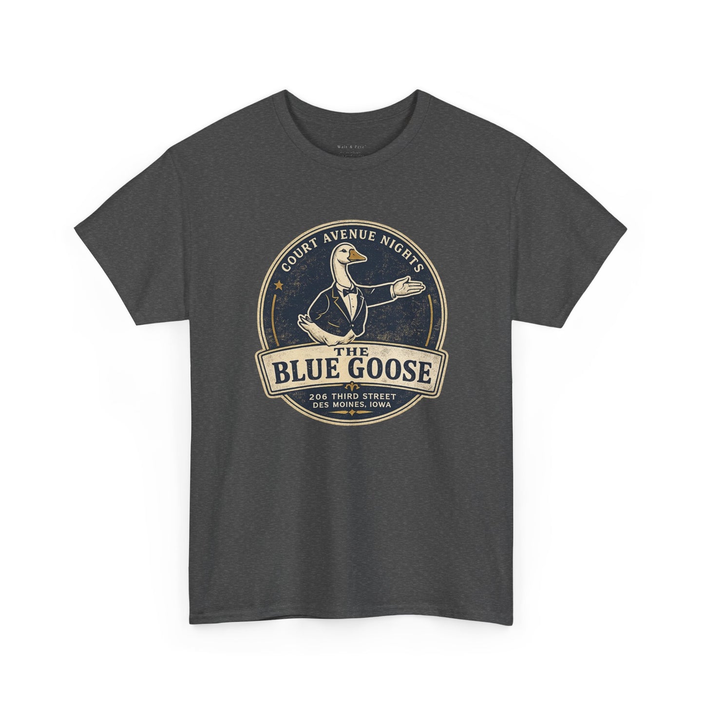 Des Moines nightlife heritage graphic tee featuring Blue Goose mascot 