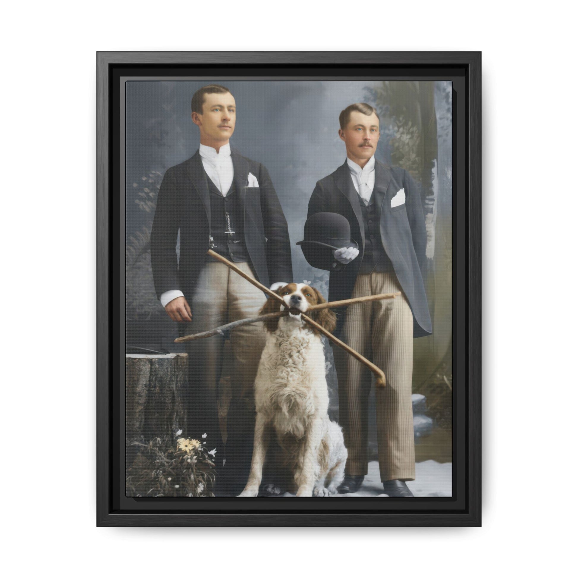 Vintage formal portrait of two companions with a dog holding walking sticks