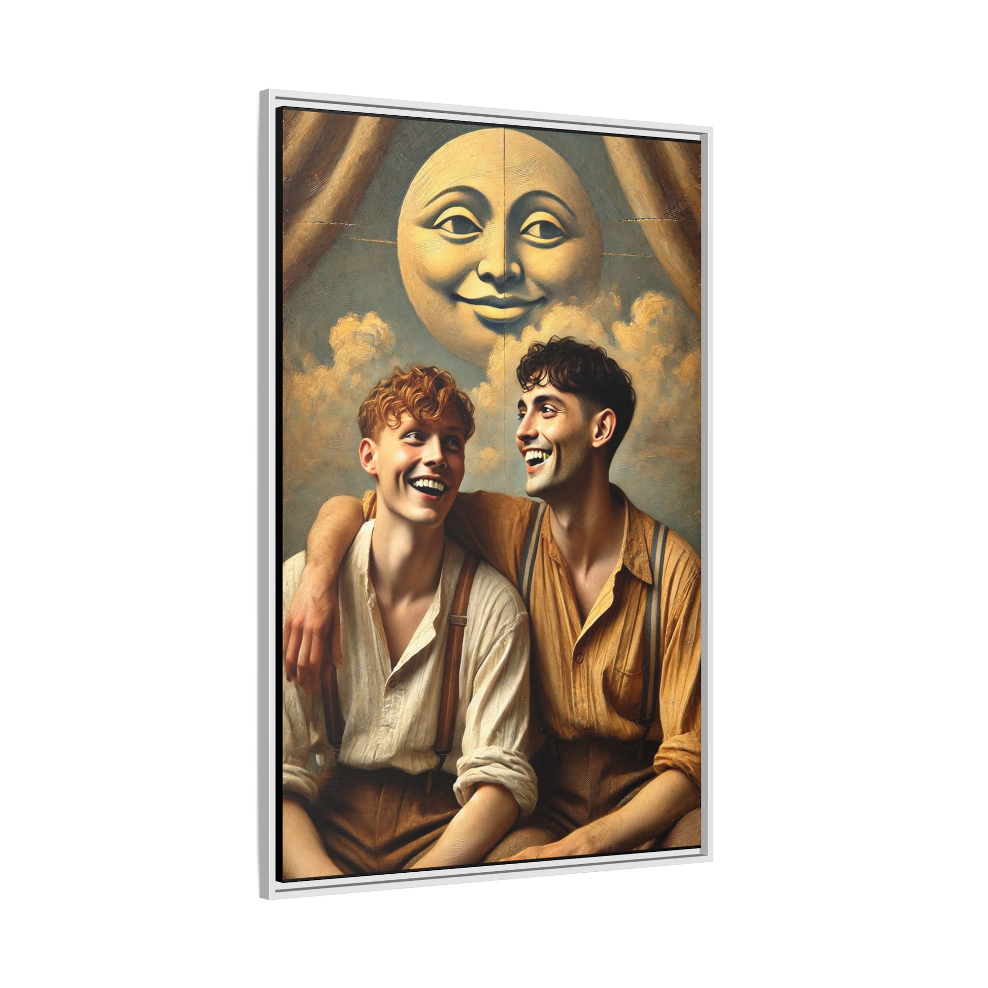 Queer artwork of two joyful young men dressed in vintage clothing with rolled sleeves and suspenders, laughing under a large moon prop in a dreamy studio scene. A celebration of love and resilience reclaimed from forgotten queer histories.