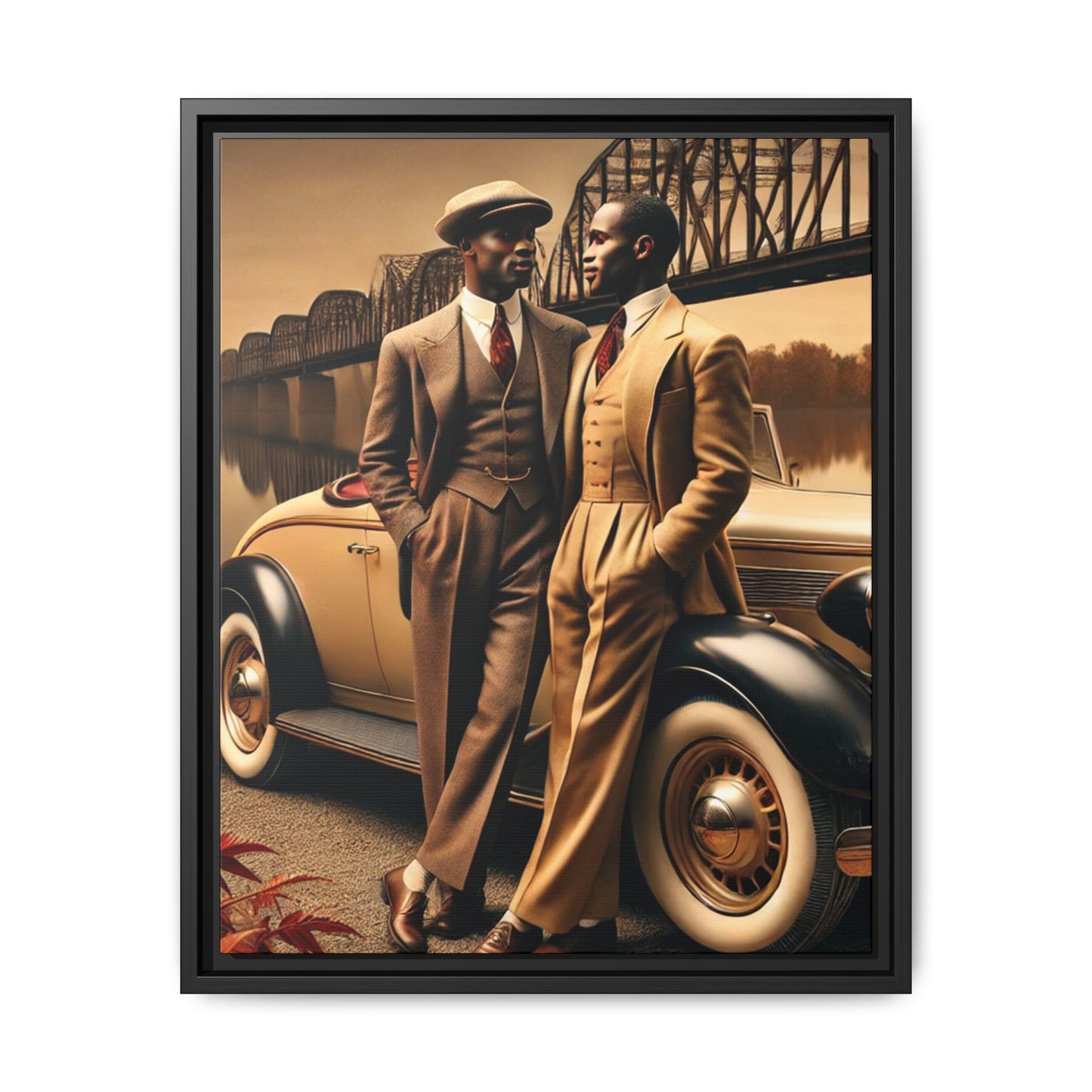 Vintage-style artwork of an African-American gay couple in the 1930s by the Mississippi River with a Packard car, celebrating love and resilience.