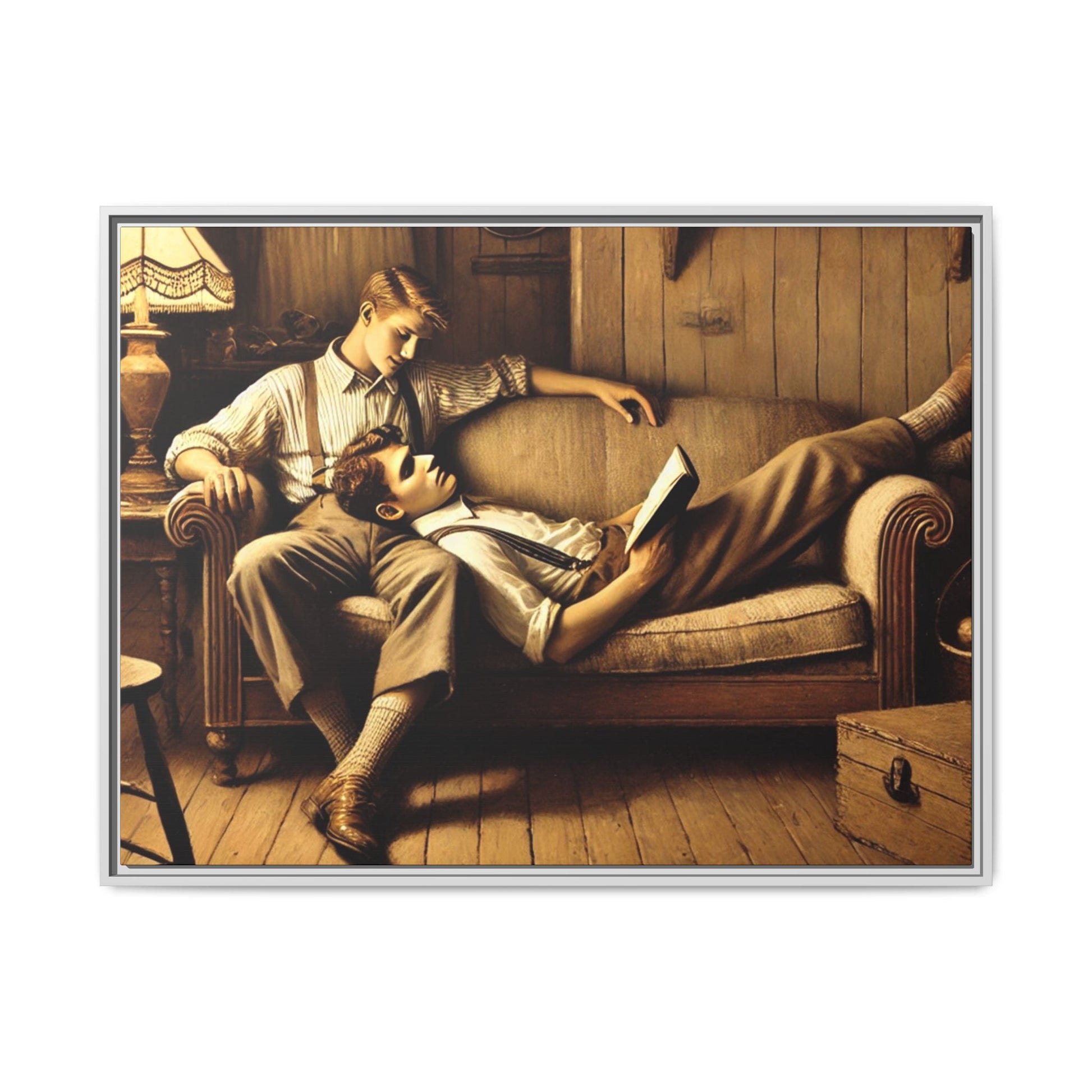 Art of a gay couple sharing an intimate moment on a cozy sofa in a rustic living room, inspired by Grant Wood’s style