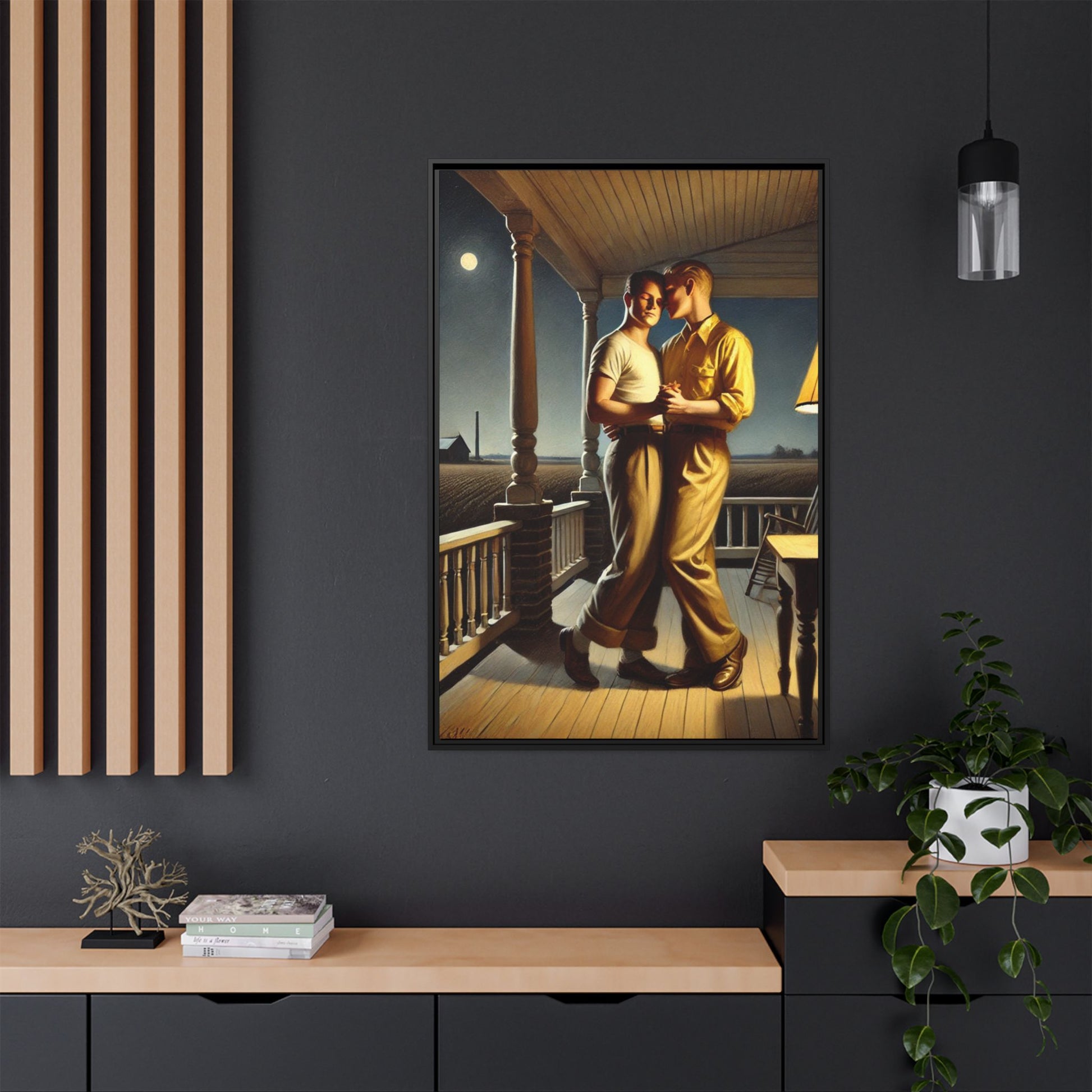 Artwork of a gay couple standing on a farmhouse porch under the moonlight, inspired by Grant Wood’s style.