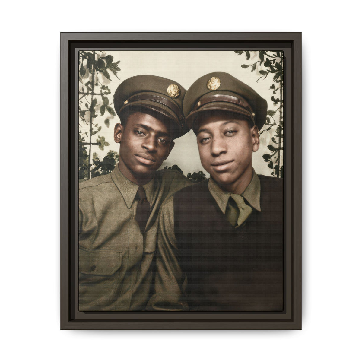 Two Black men wearing WWII-era military-style uniforms and peaked caps, posed closely together in a vintage portrait, Walt & Pete Paire 152.