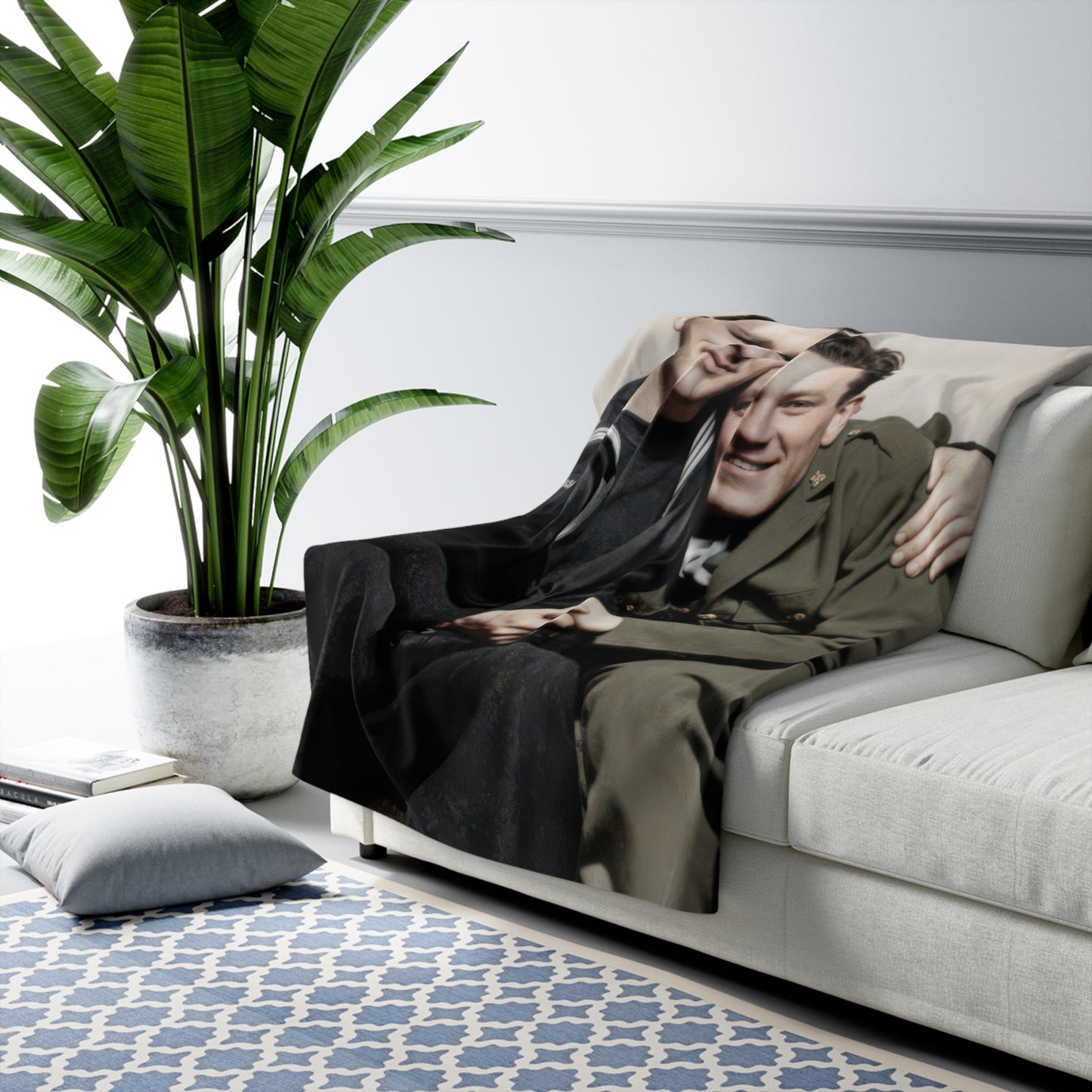 Historical sherpa blanket with restored military and naval portrait imagery 
