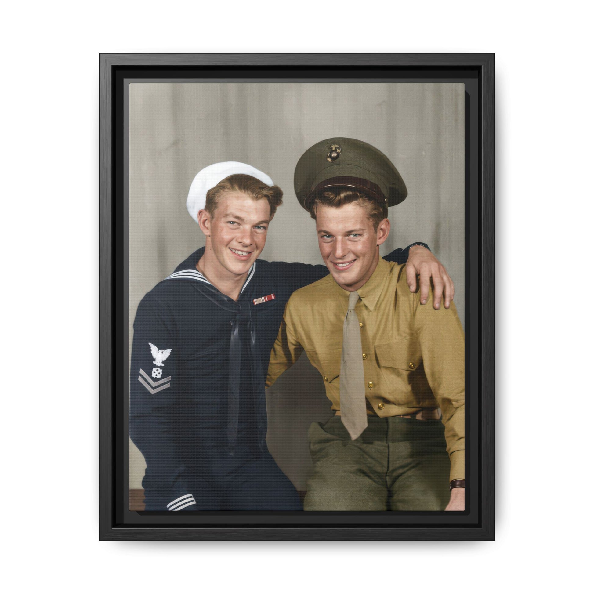 Vintage portrait of two companions in sailor and military-style uniforms seated together