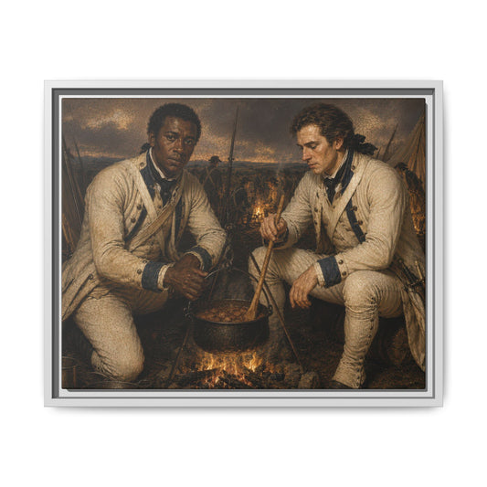 Museum-inspired historical portrait showing French allied soldiers cooking over an iron kettle surrounded by tents during the American Revolution.