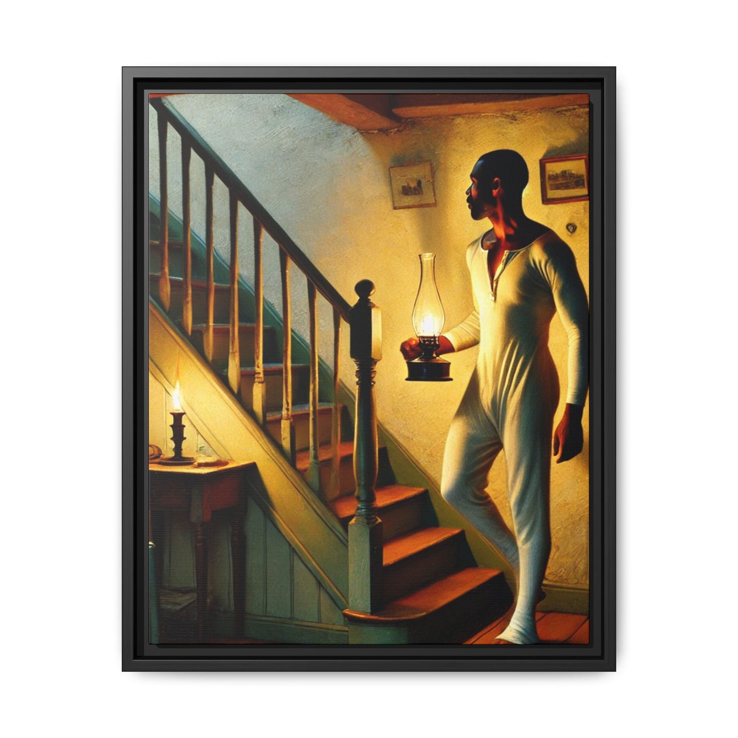 Framed artwork of an African-American man holding a lantern on a staircase, inspired by Grant Wood's style.