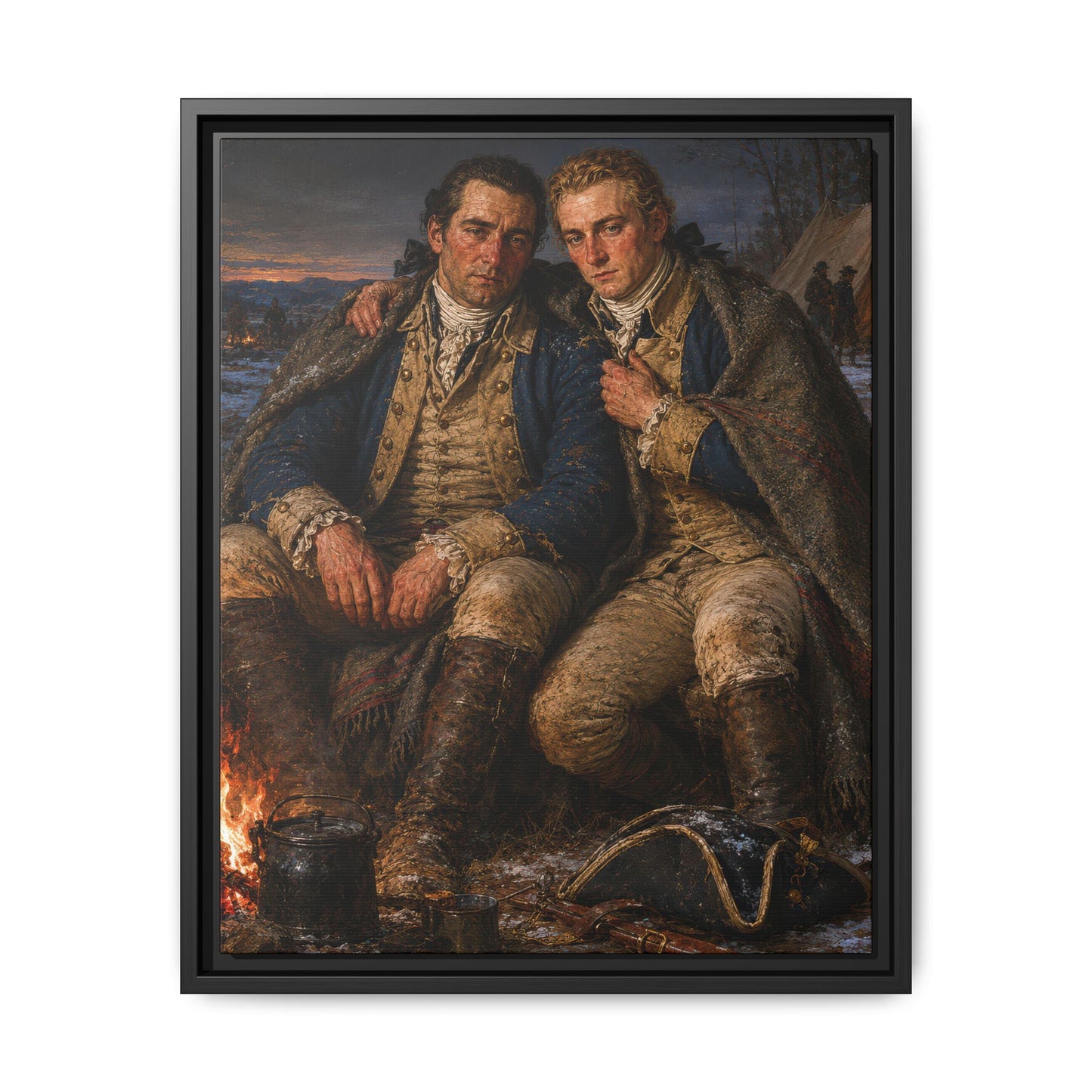 Two Continental Army soldiers seated beside a winter campfire beneath a shared blanket in a Revolutionary War encampment framed matte canvas by Walt & Pete®