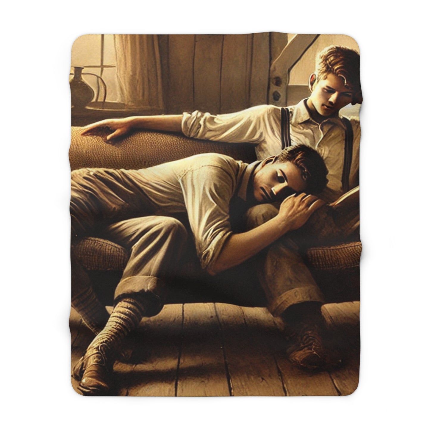 Cozy fleece throw with warm figurative interior scene and literary atmosphere 