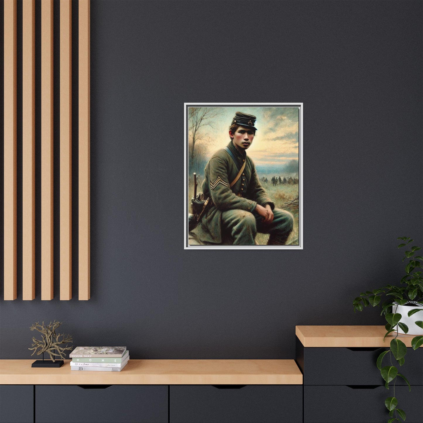 Framed artwork of a Civil War Union soldier inspired by Walt Whitman’s Leaves of Grass and Drum-Taps, depicting themes of sacrifice, strength, and vulnerability amidst a 19th-century battlefield.