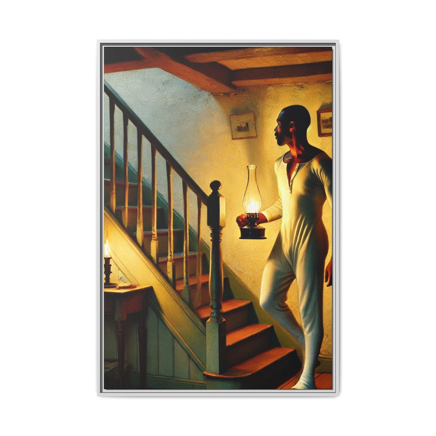 Framed artwork of an African-American man holding a lantern on a staircase, inspired by Grant Wood's style.