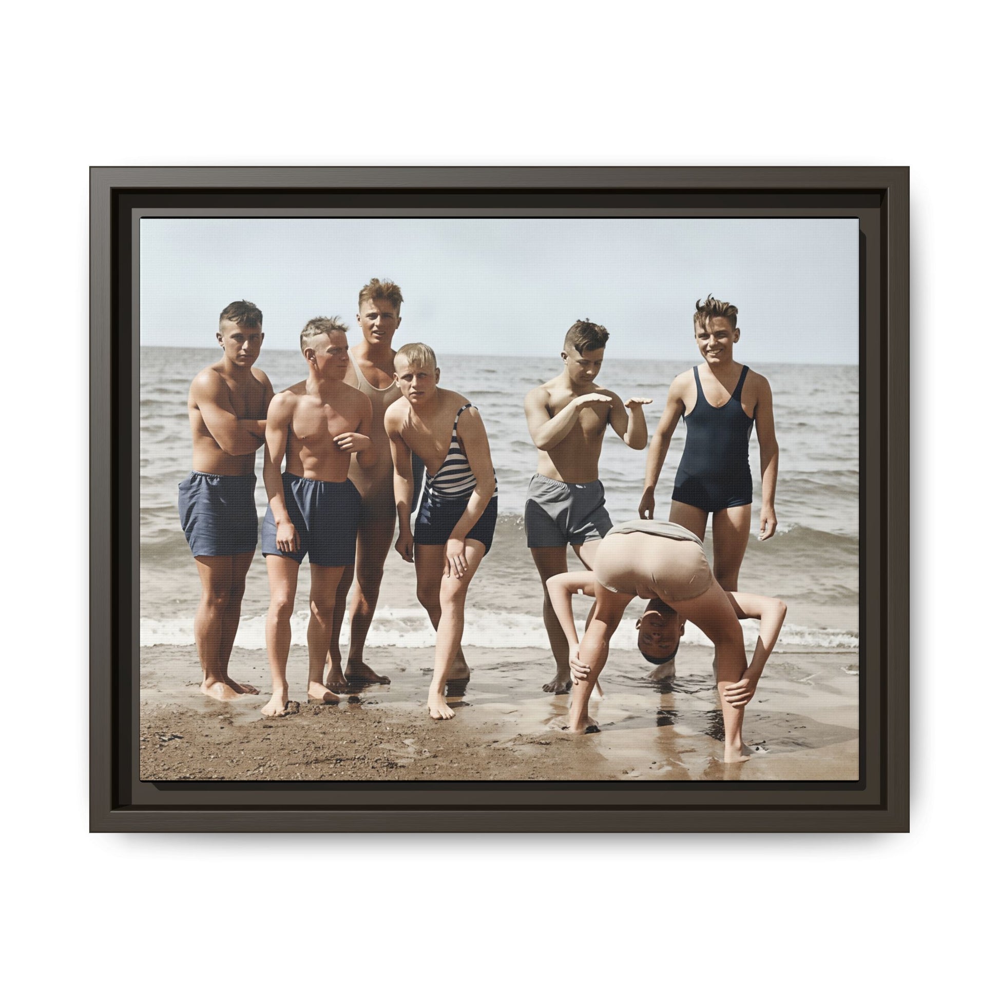 Historical seaside snapshot reproduced as archival canvas wall art with boys on wet sand 