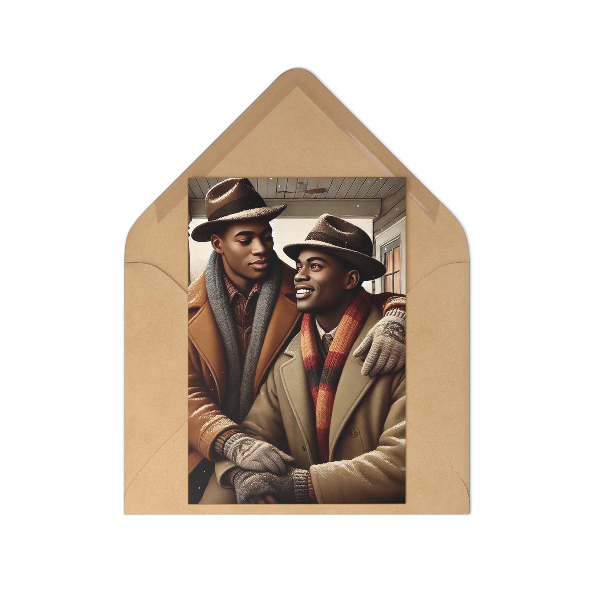 Cozy winter postcard set featuring an African-American gay couple sharing a joyful moment on a snow-dusted porch.