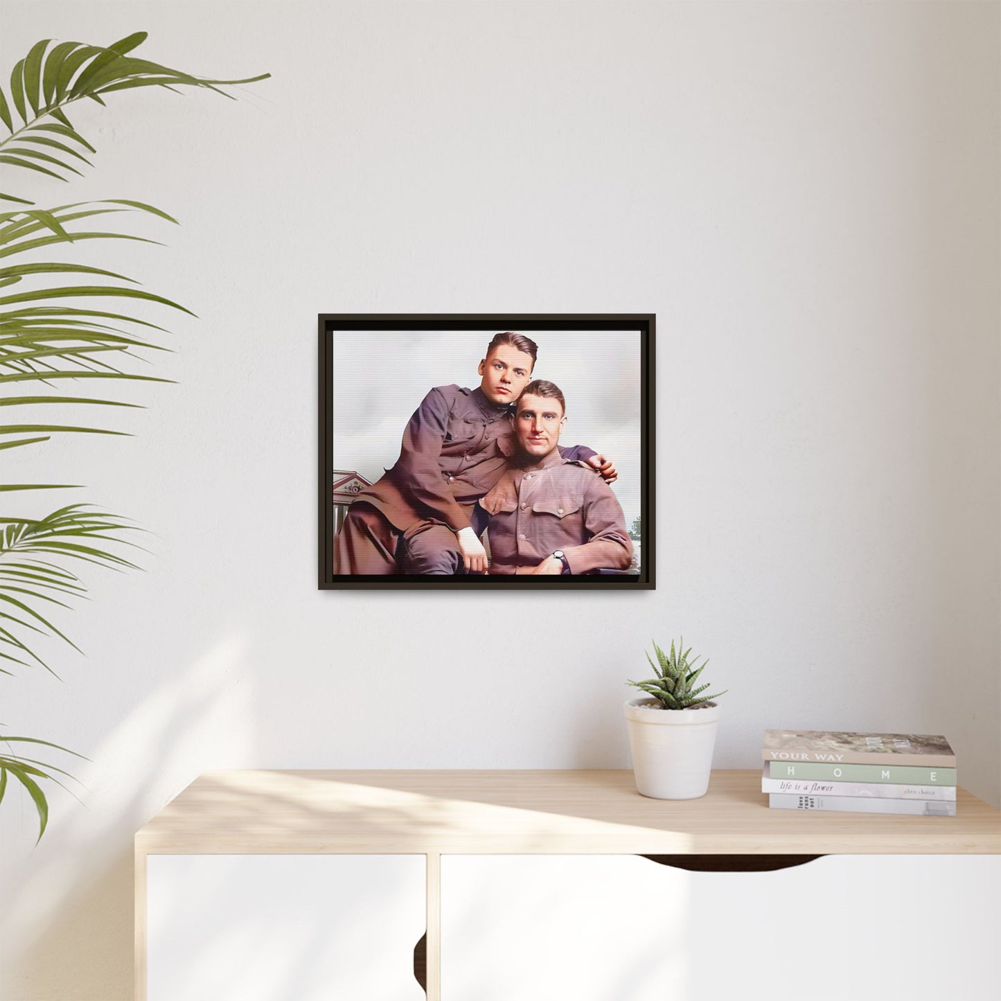 A restored WWII-era portrait of Charlie & Gordon at Debach Airfield, UK. This framed matte canvas captures military camaraderie, resilience, and historical connection, making it a timeless tribute for vintage and aviation collectors. Gay Couple
