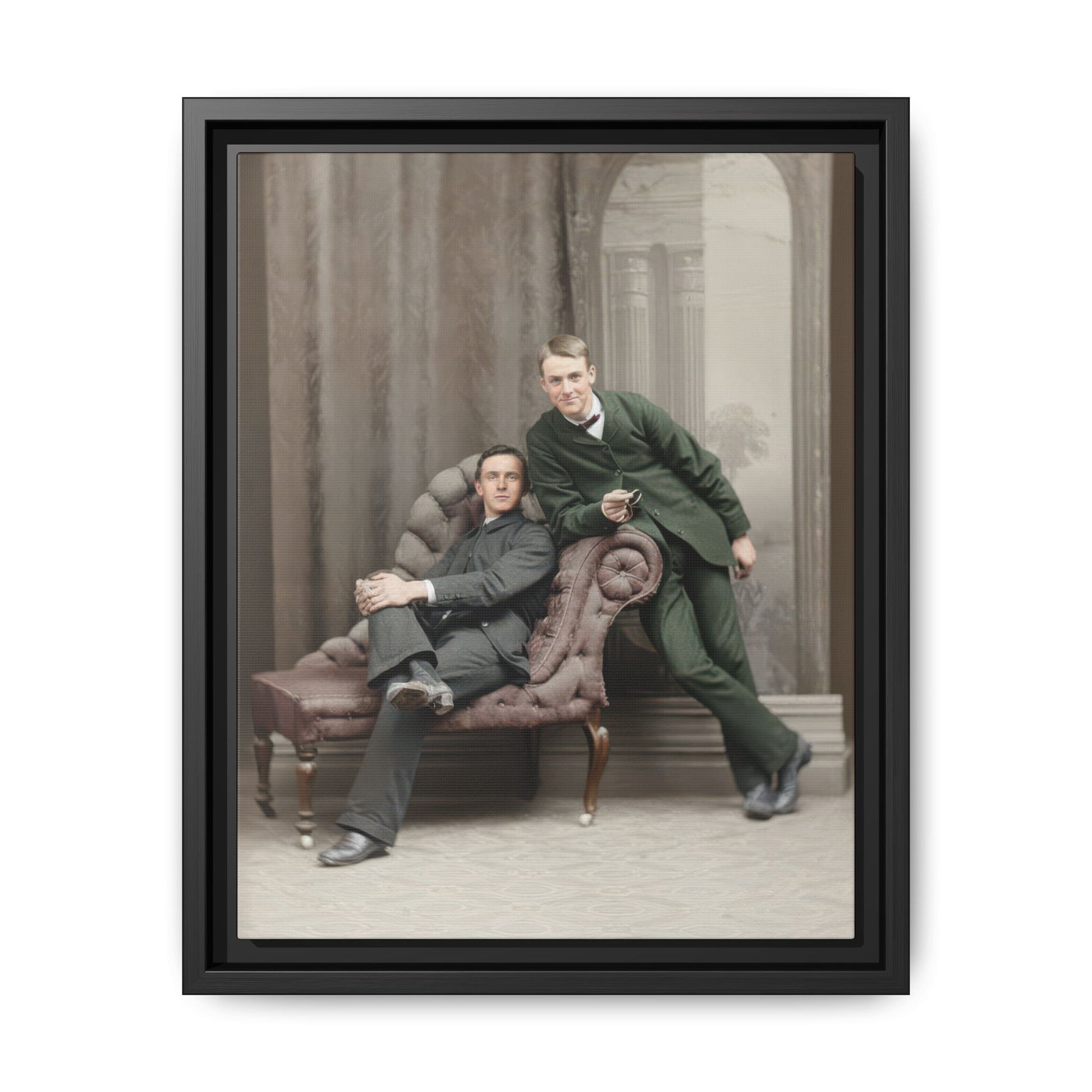 Vintage studio portrait of two figures with chaise lounge framed canvas wall art