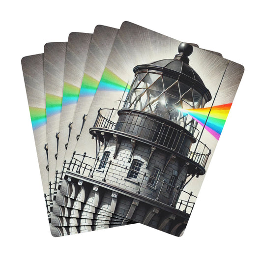 Be The Beacon Poker Cards featuring a lighthouse casting vibrant rainbow beams, symbolizing LGBTQ+ pride & resilience.