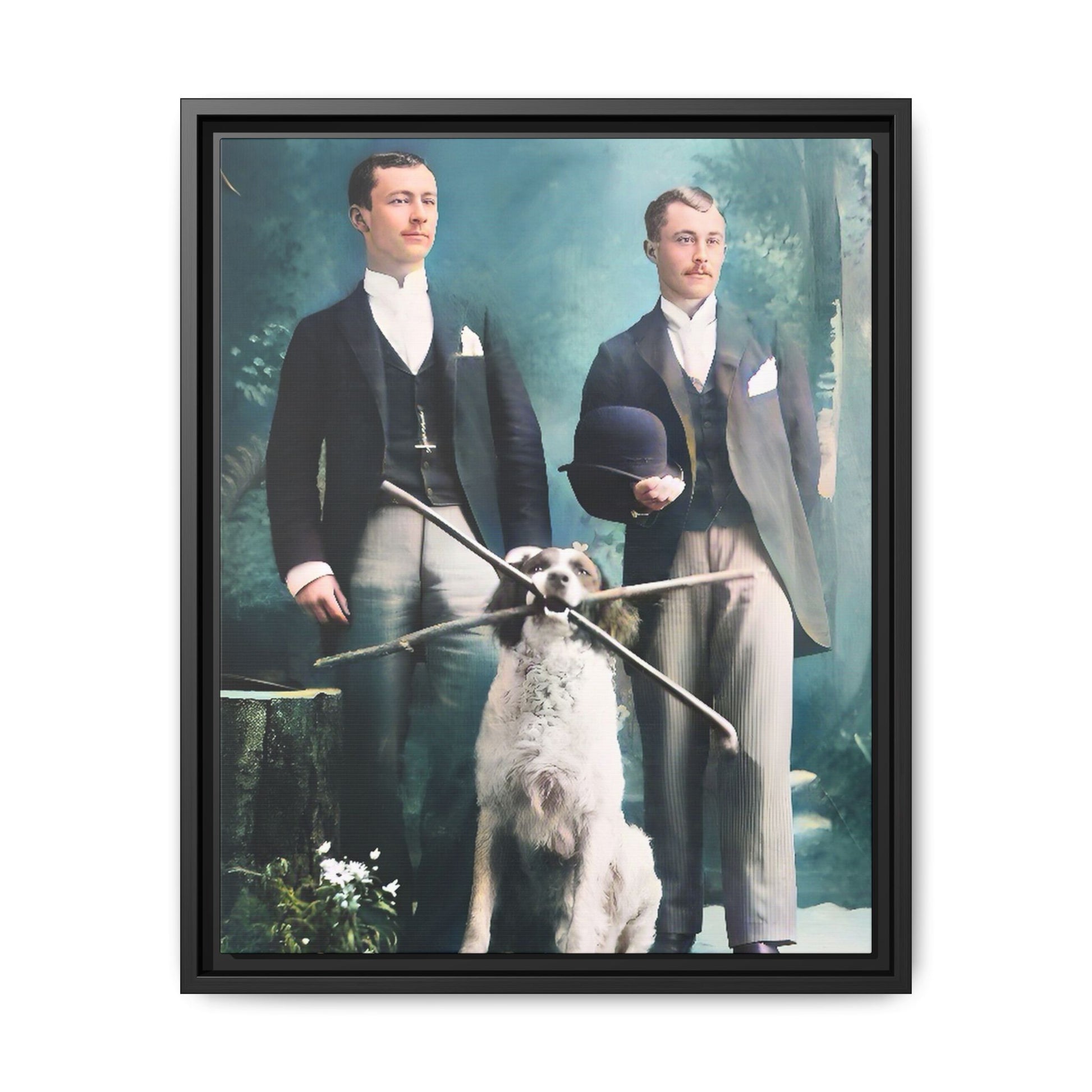 Restored vintage photograph of Patrick and Everett, an Edwardian gay couple with their loyal dog, taken in early 1900s Frankfort, Kentucky. Framed matte canvas print celebrating LGBTQ+ history, love, and companionship.