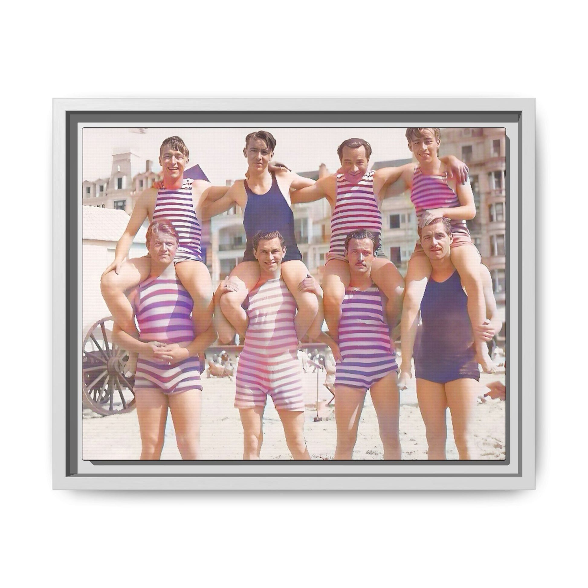 Restored vintage photo of a Bachelor Party in Corpus Christi TX, featuring men in striped swimwear forming human towers, framed canvas art.