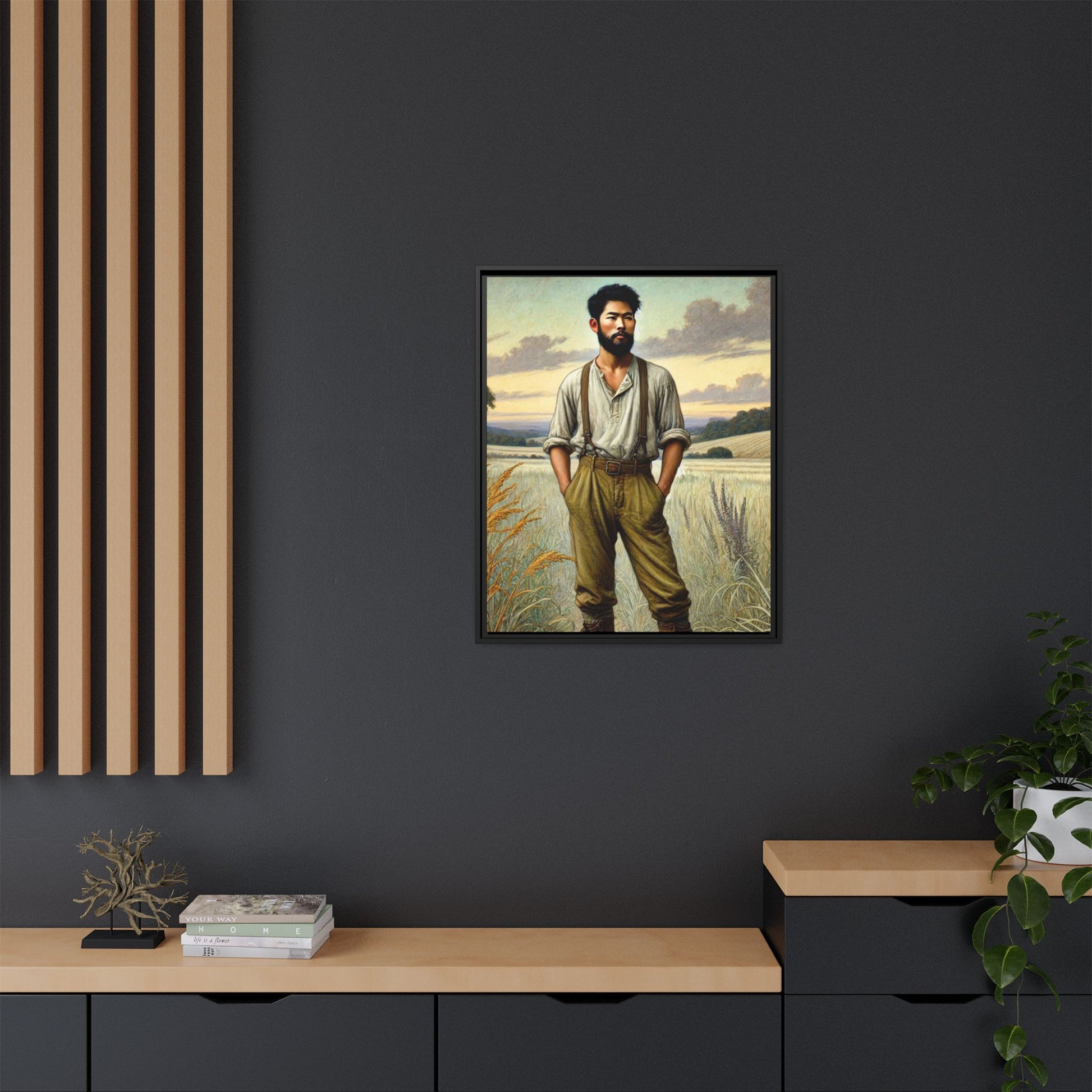 Framed artwork of an Asian-American farmer in 19th-century attire, inspired by Walt Whitman’s Leaves of Grass and Song of Myself, set against a serene rural backdrop of golden wheat fields and rolling hills.