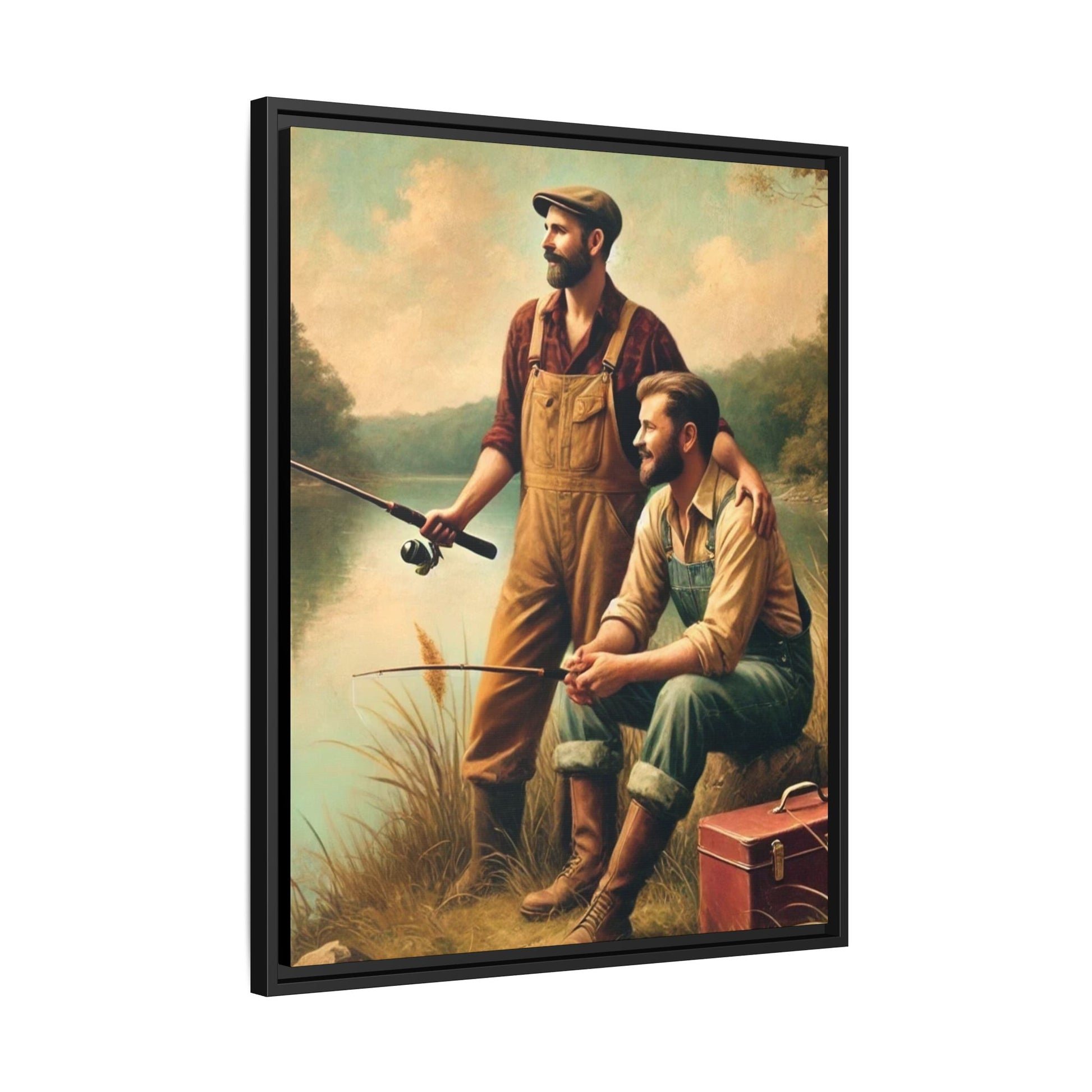 Vintage-style artwork of a gay couple fishing at a serene lakeside in the 1930s, celebrating love and rural life