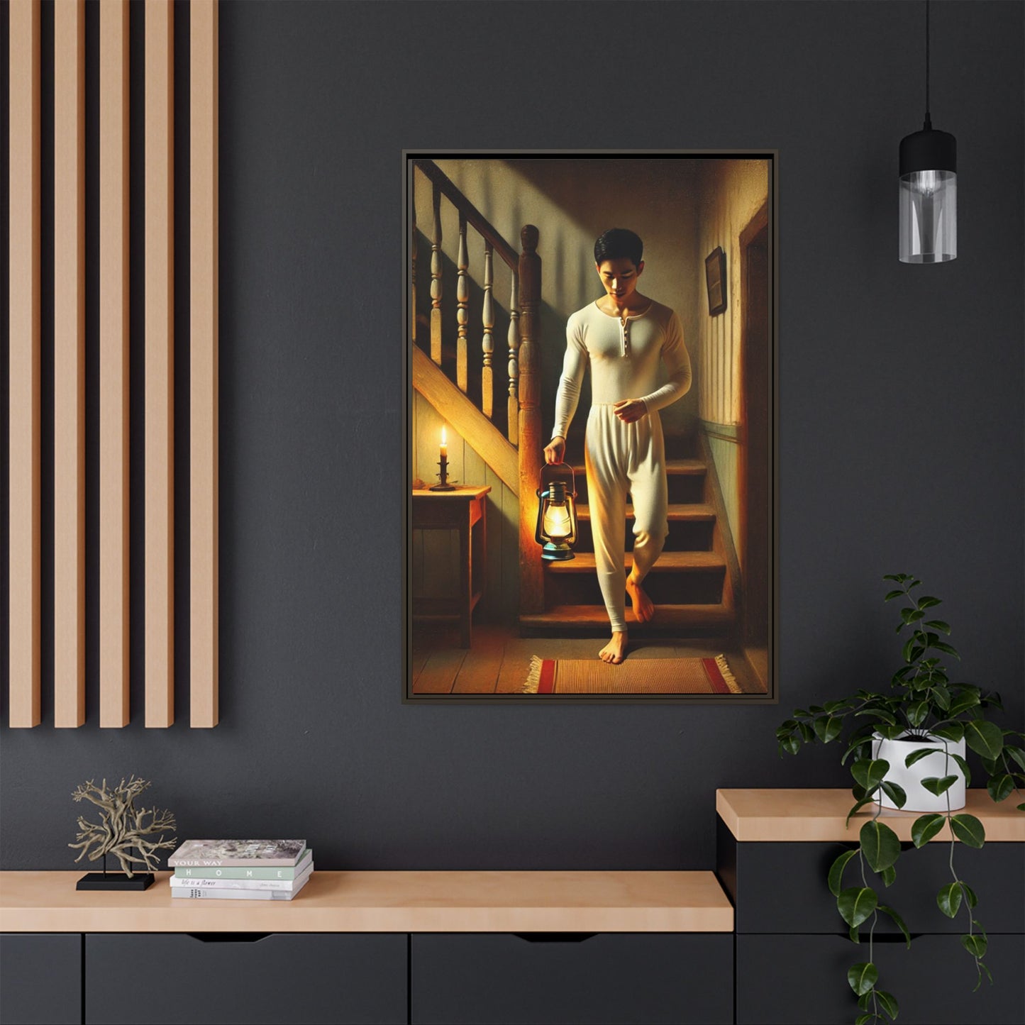 Framed artwork of an Asian-American man wearing long johns underwear holding a lantern on a staircase, inspired by Grant Wood’s style.