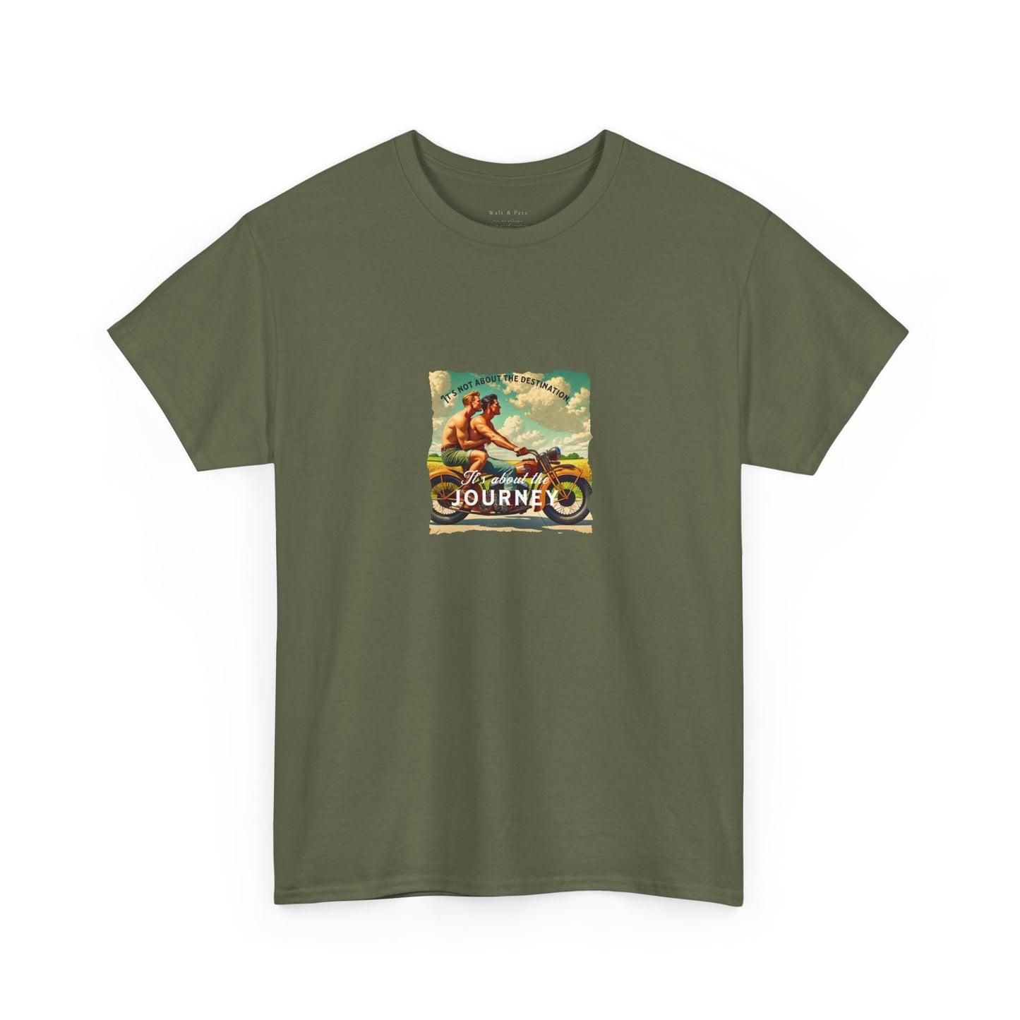 Vintage- Grant Wood-inspired graphic t-shirt featuring a 1930s gay couple with a motorcycle, symbolizing love, history, and the spirit of freedom.