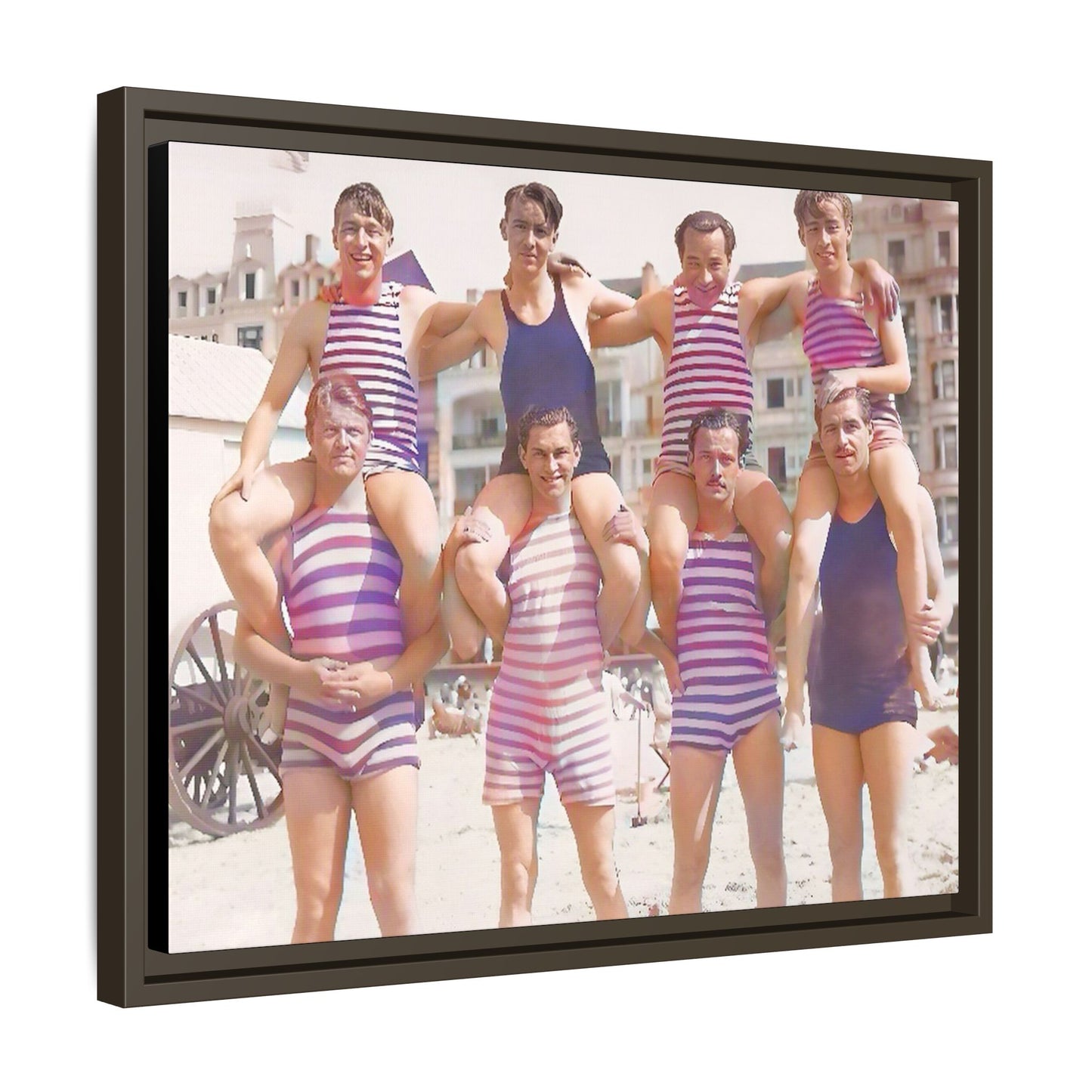 Restored vintage photo of a Bachelor Party in Corpus Christi TX, featuring men in striped swimwear forming human towers, framed canvas art.