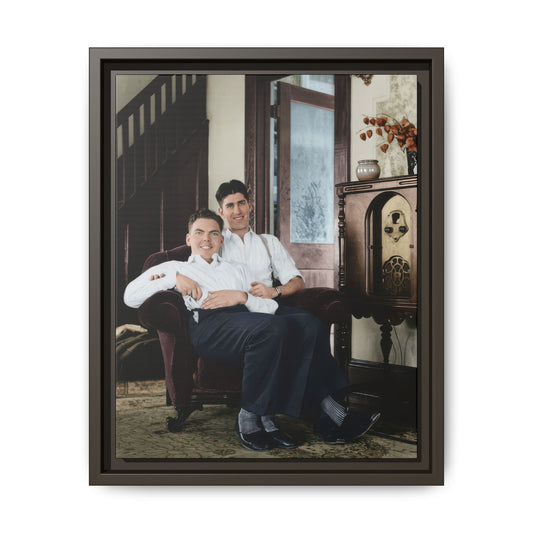 Historic indoor portrait with two men seated in armchair vintage archival photo