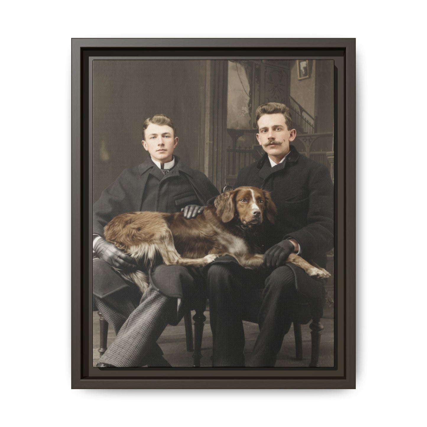 Historic seated portrait of two men with dog framed canvas reproduction