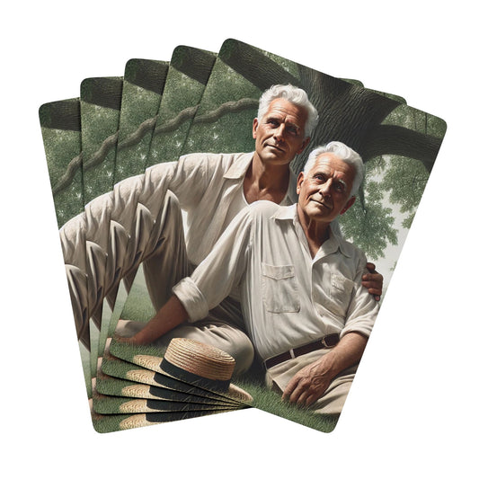 Queer  history, 1920s rural Iowa, Grant Wood-inspired art, vintage poker deck, LGBTQ+ love and resilience. Elder Gay Couple