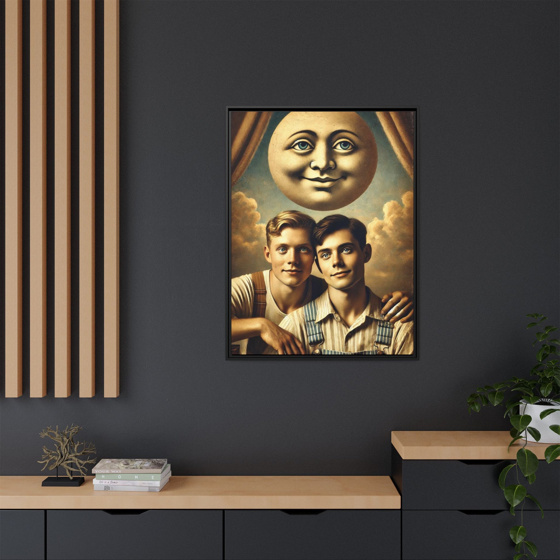 Framed matte canvas portrait featuring two young men in vintage overalls with a crescent moon prop above them. This artwork from the Missing Art Studies series reclaims LGBTQ+ imagery that may have been lost to bias, presenting warmth, intimacy, and presence.