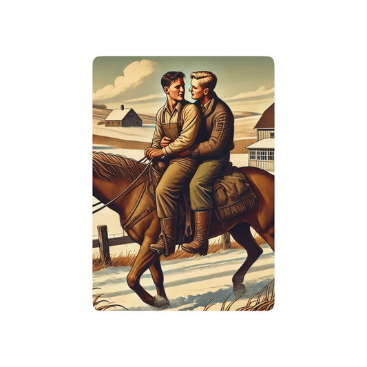 Vintage-inspired poker deck featuring two men on horseback, dressed in farmhand attire, sharing a quiet moment of love against a snow-covered countryside