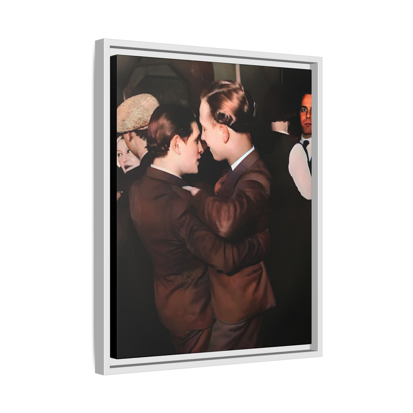 Restored vintage photo of Bernard & Leroy, a gay couple dancing at an elegant gathering in Atlanta GA, framed canvas art.