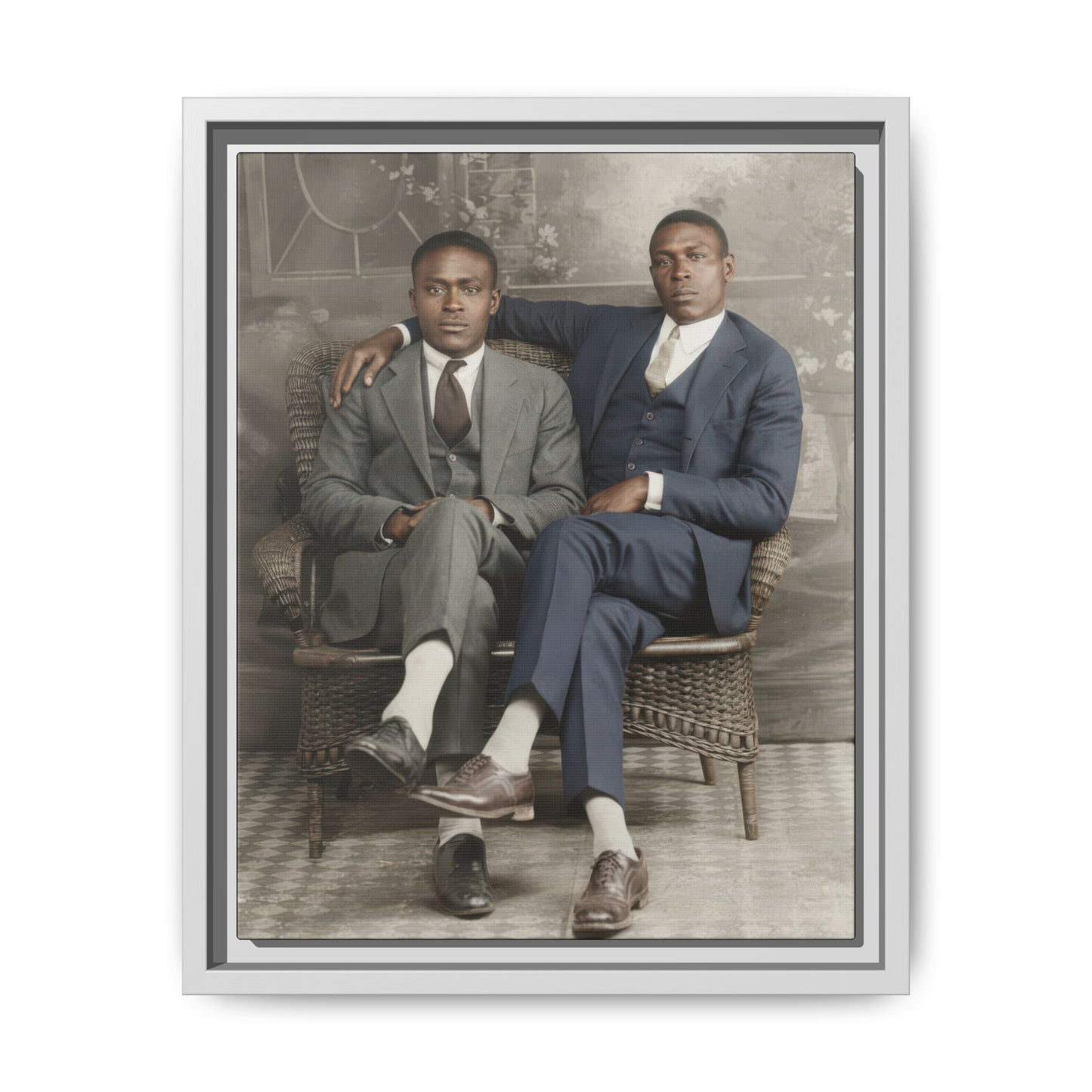 Historical black and white photograph restored color portrait two seated men