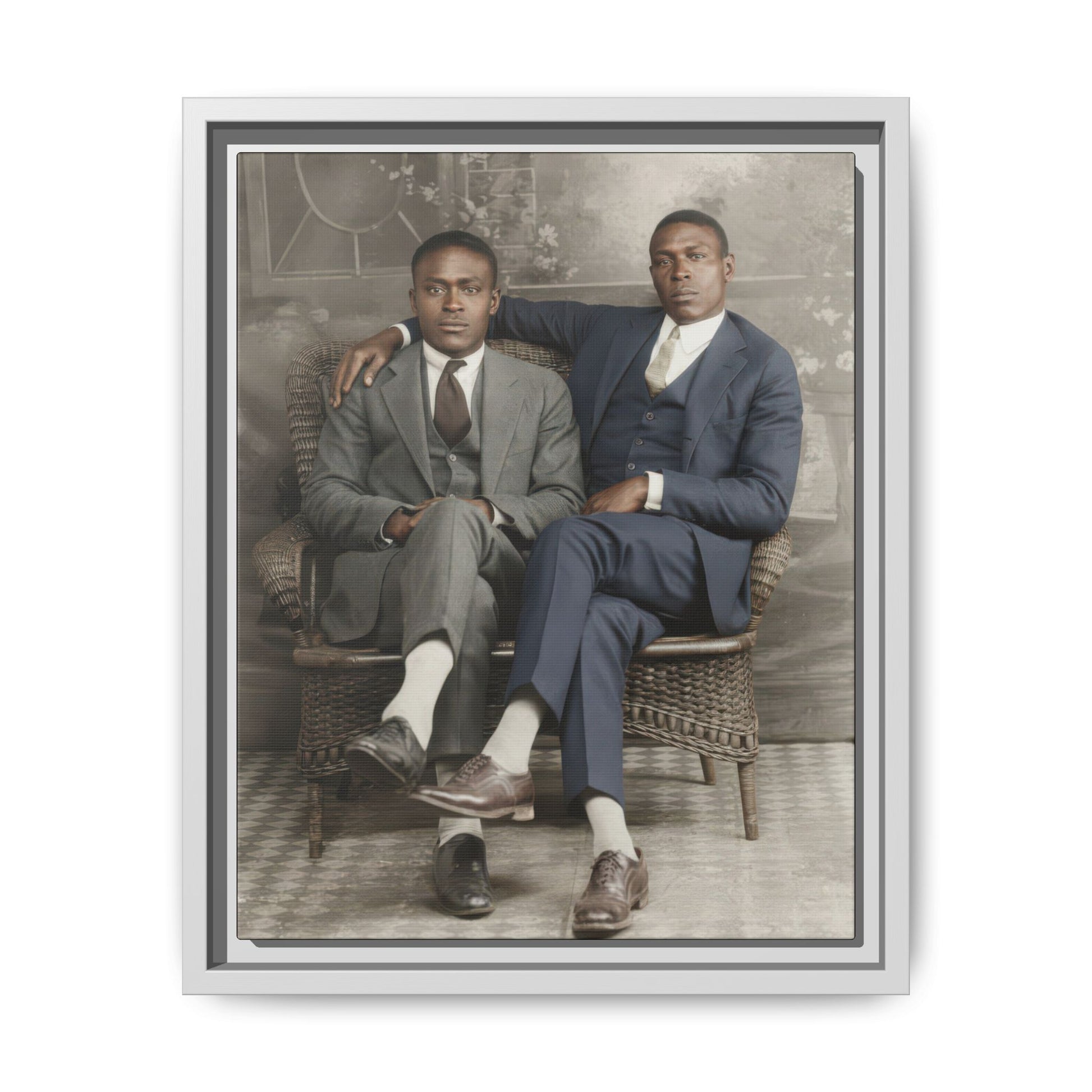 Historical black and white photograph restored color portrait two seated men