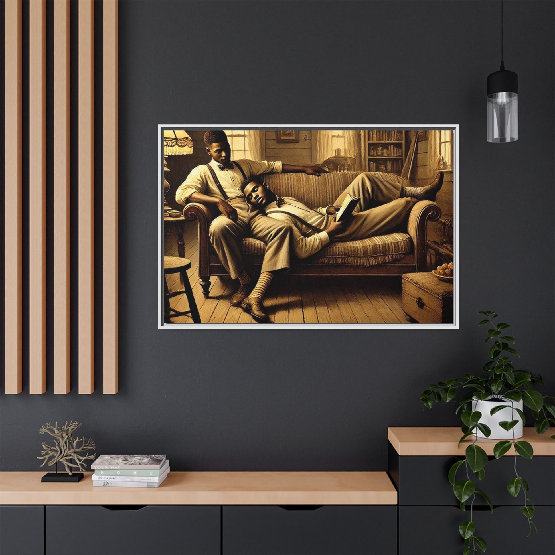 Framed artwork of an African-American gay couple sharing an intimate moment on a rustic sofa, inspired by Grant Wood’s style